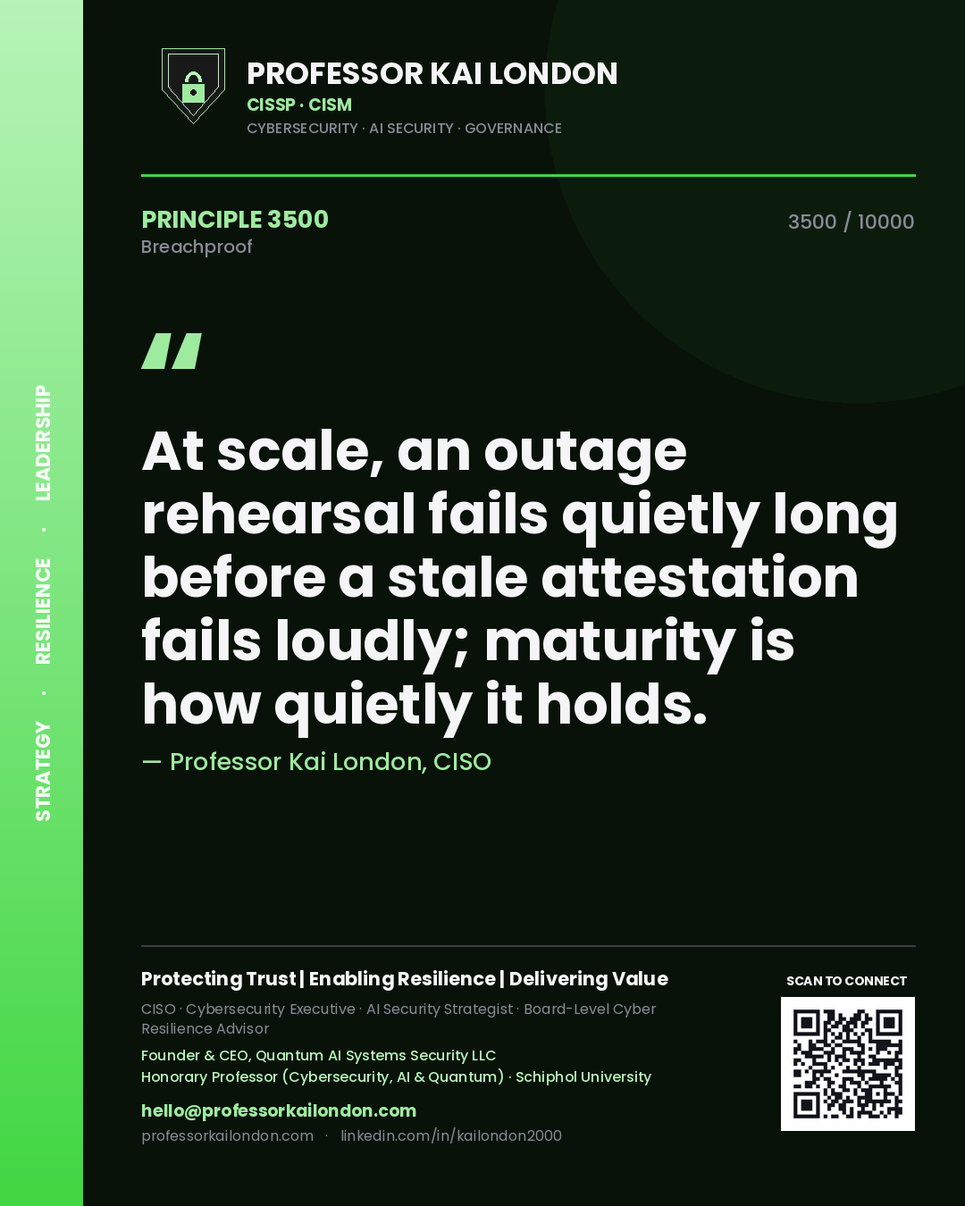 Professor Kai London principle 3500: At scale, an outage rehearsal fails quietly long before a stale attestation fails loudly; maturity is how quietly it holds.