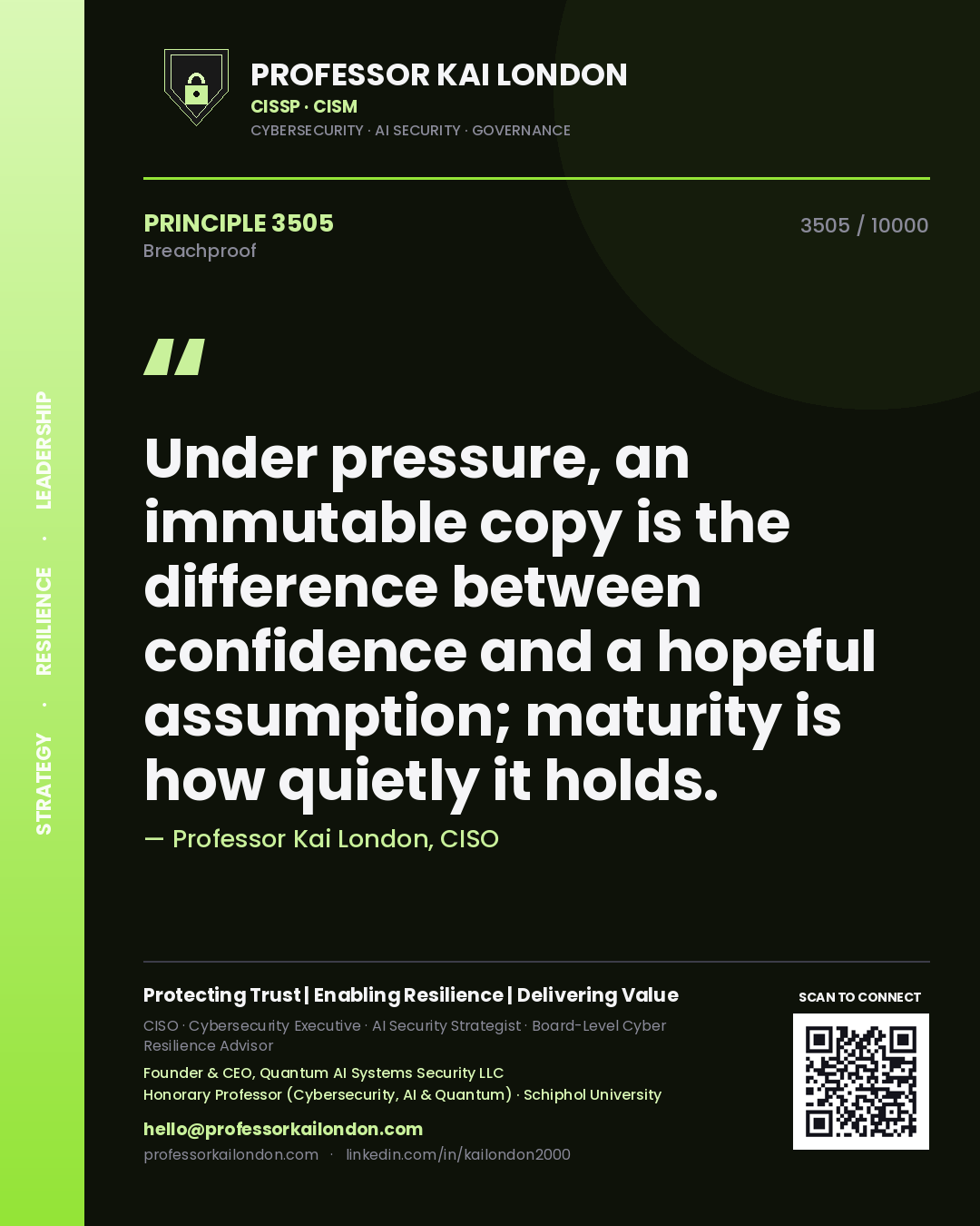 Professor Kai London principle 3505: Under pressure, an immutable copy is the difference between confidence and a hopeful assumption; maturity is how quietly it holds.