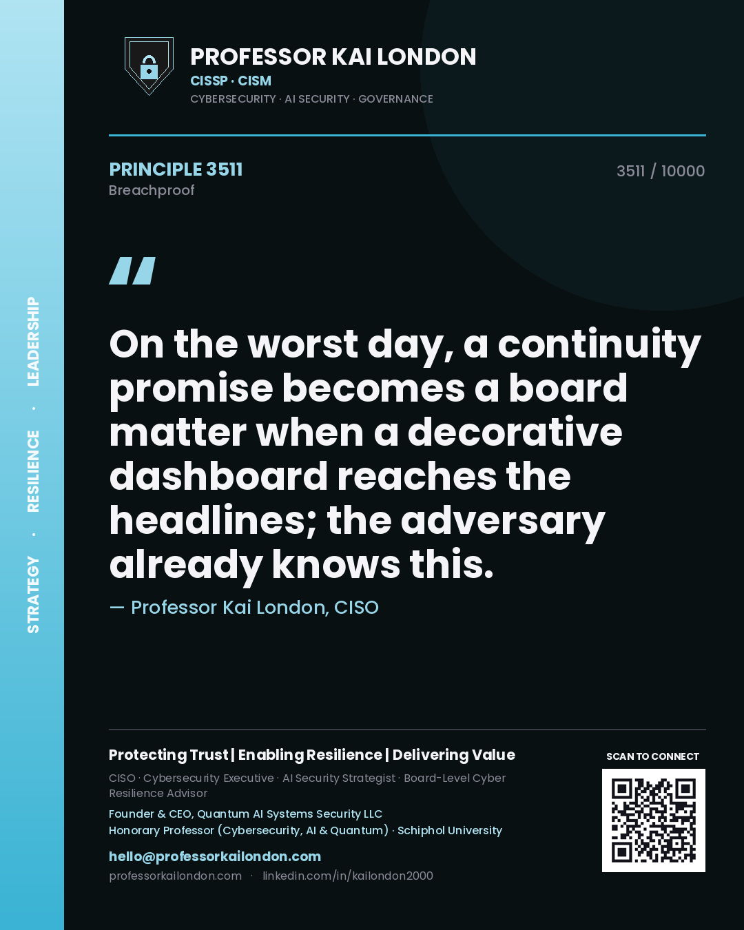 Professor Kai London principle 3511: On the worst day, a continuity promise becomes a board matter when a decorative dashboard reaches the headlines; the adversary already knows this.