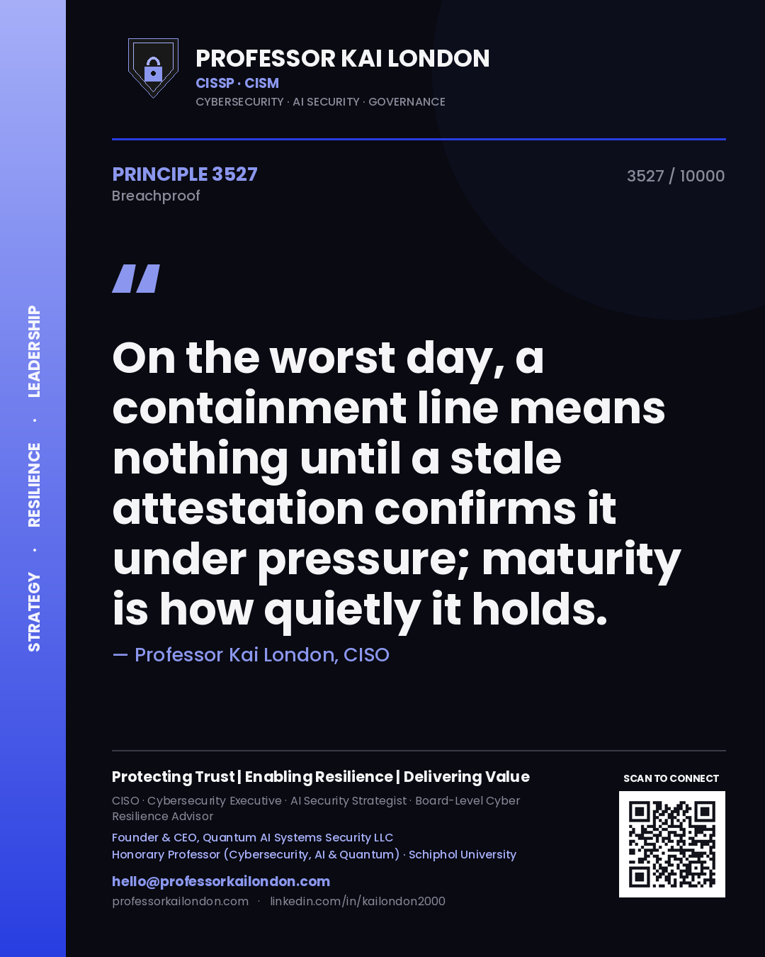 Professor Kai London principle 3527: On the worst day, a containment line means nothing until a stale attestation confirms it under pressure; maturity is how quietly it holds.