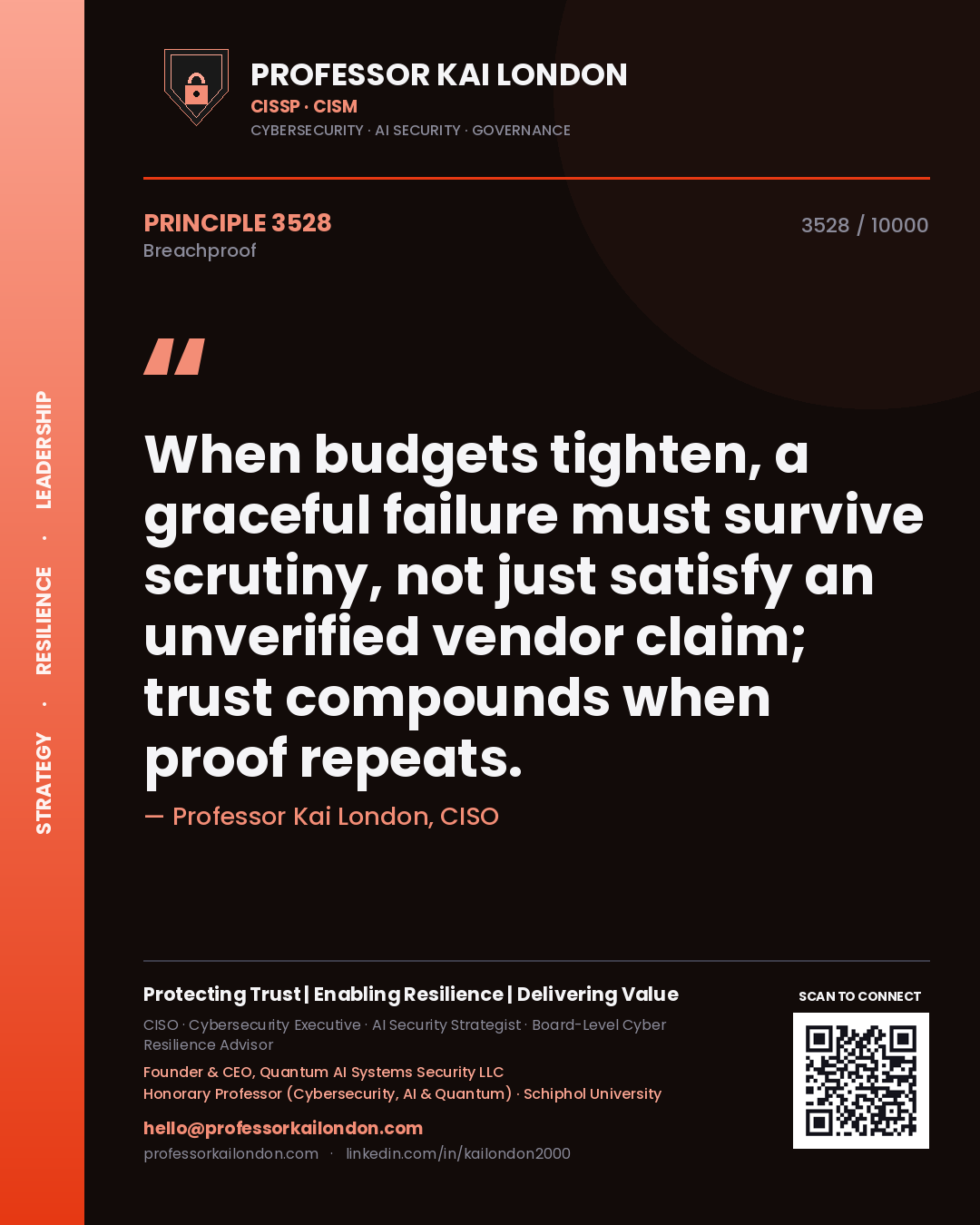 Professor Kai London principle 3528: When budgets tighten, a graceful failure must survive scrutiny, not just satisfy an unverified vendor claim; trust compounds when proof repeats.