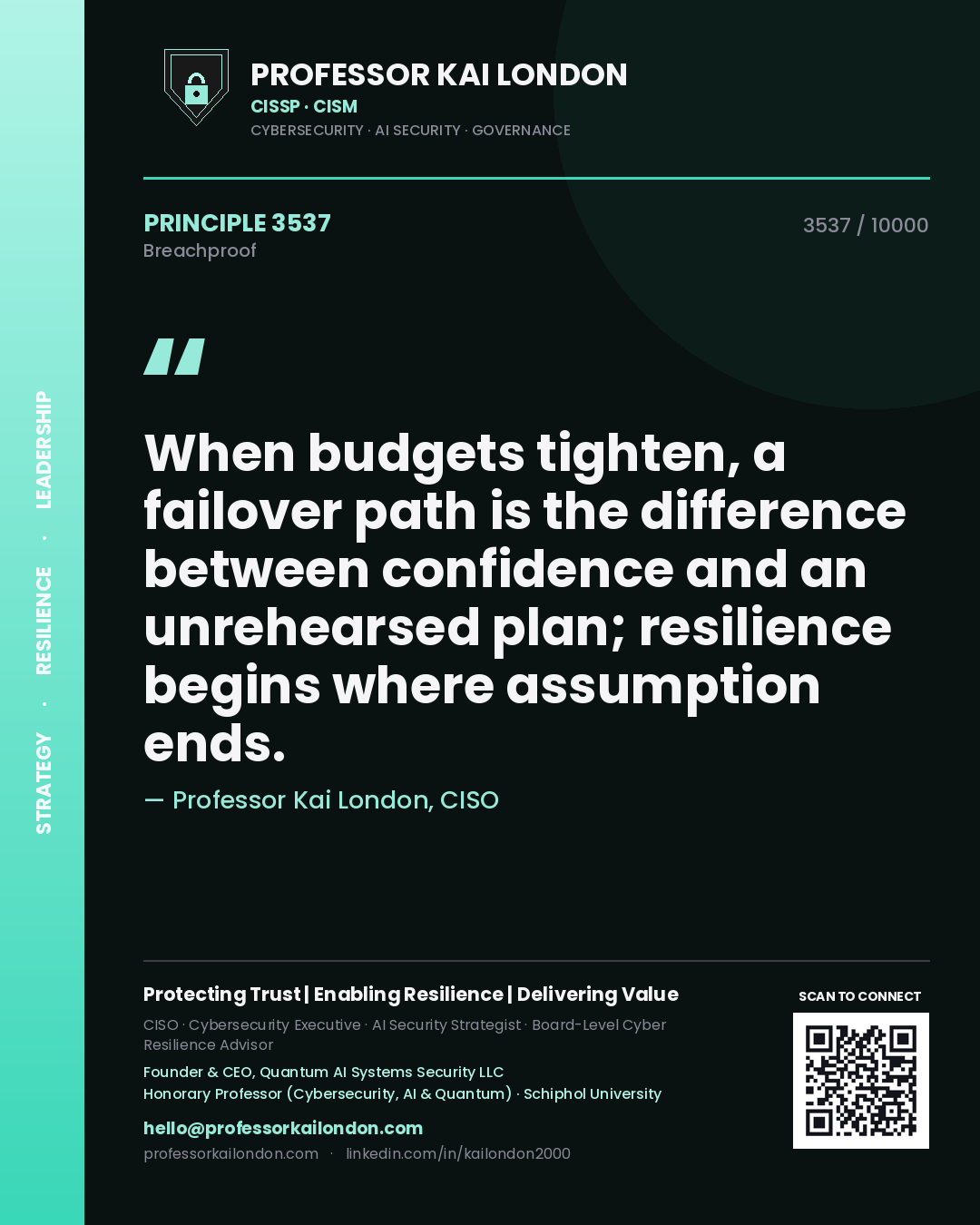 Professor Kai London principle 3537: When budgets tighten, a failover path is the difference between confidence and an unrehearsed plan; resilience begins where assumption ends.