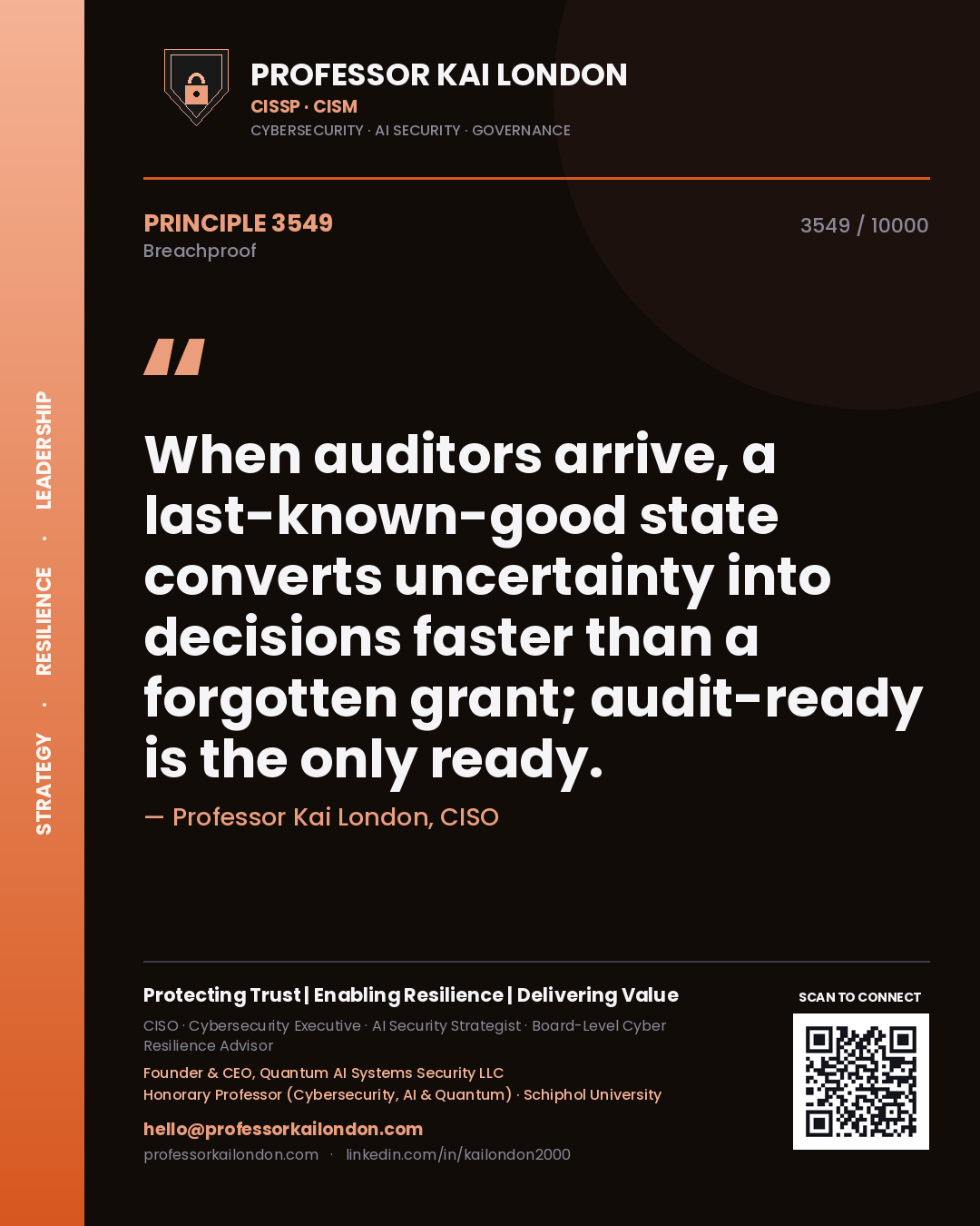Professor Kai London principle 3549: When auditors arrive, a last-known-good state converts uncertainty into decisions faster than a forgotten grant; audit-ready is the only ready.