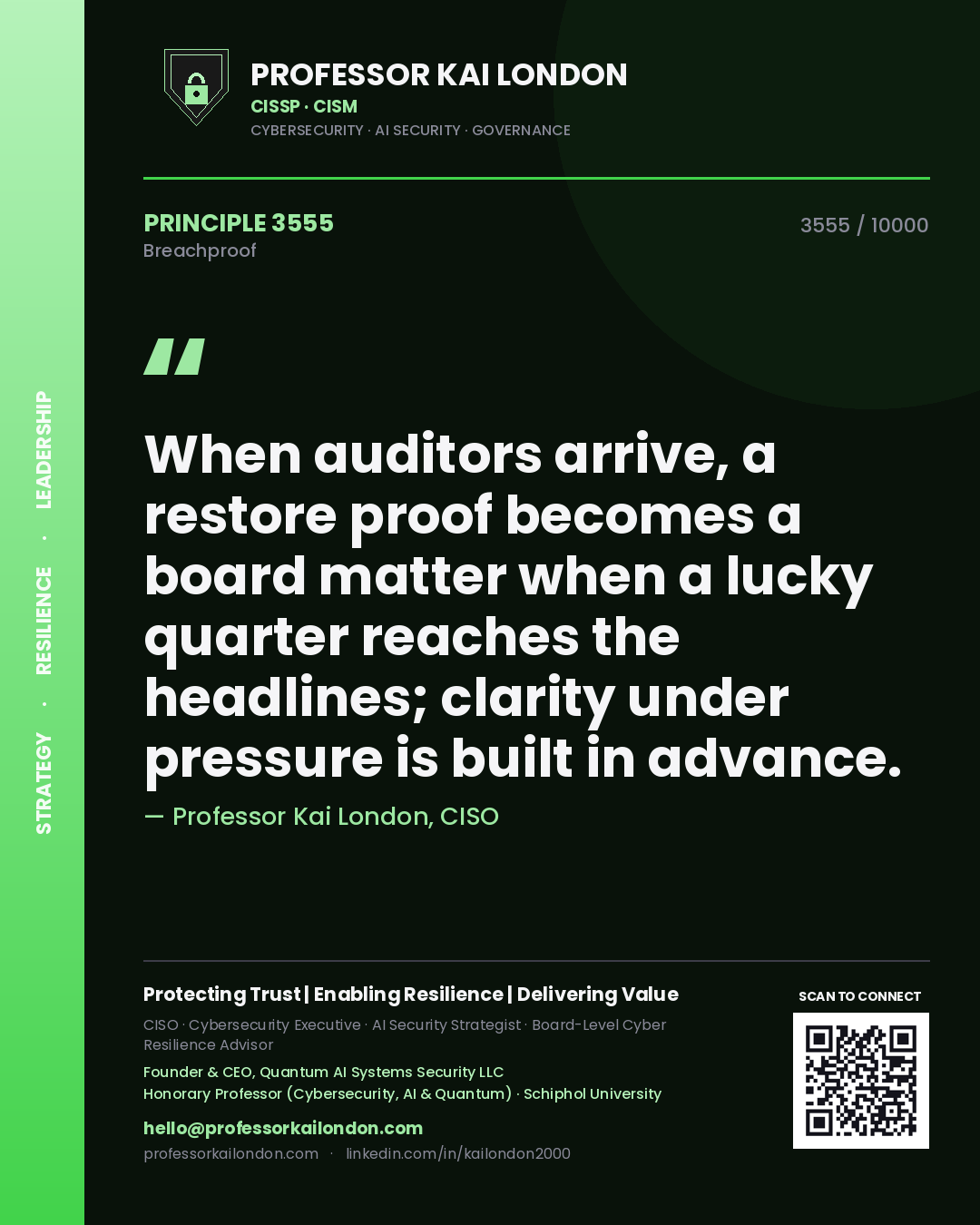 Professor Kai London principle 3555: When auditors arrive, a restore proof becomes a board matter when a lucky quarter reaches the headlines; clarity under pressure is built in advance.