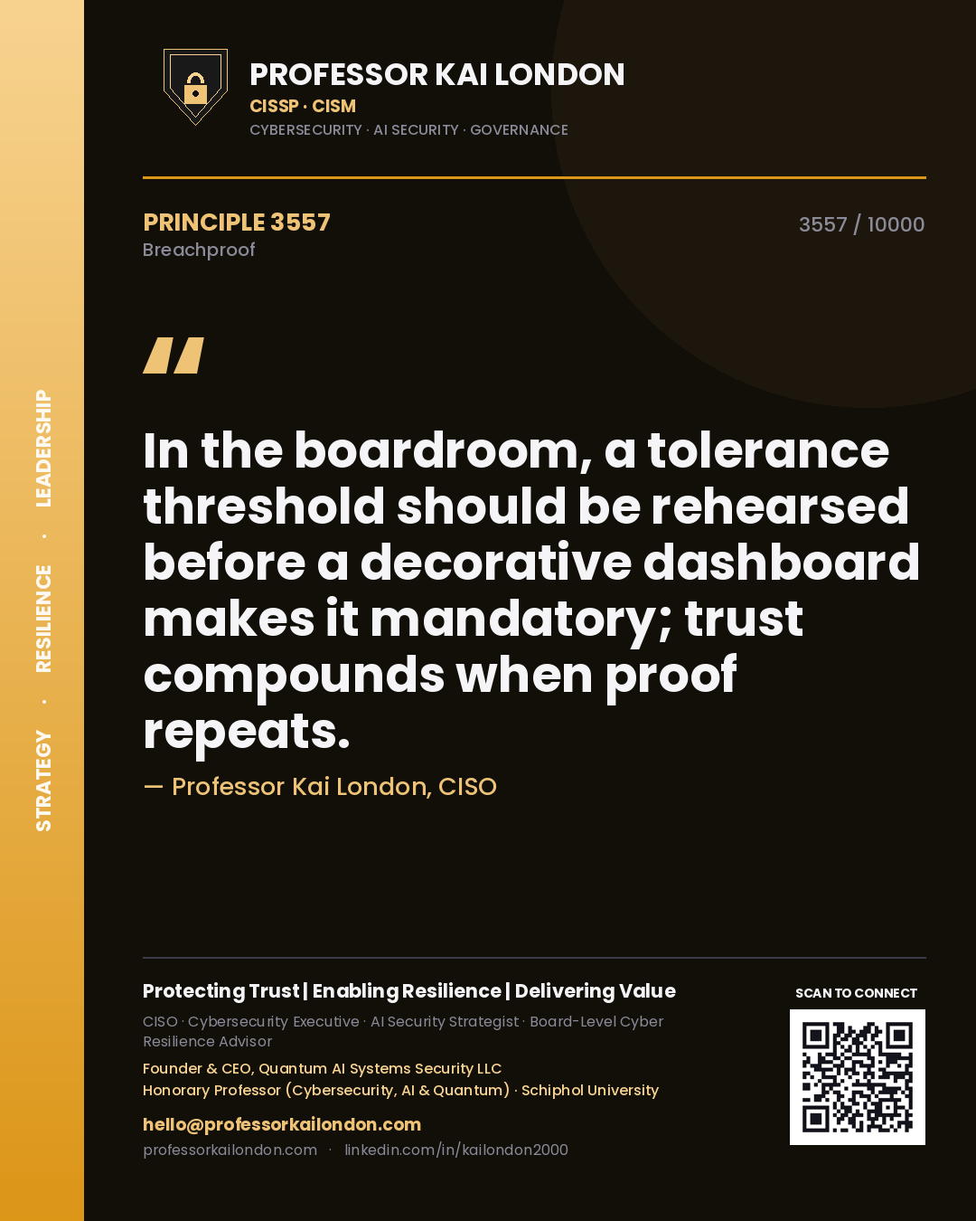 Professor Kai London principle 3557: In the boardroom, a tolerance threshold should be rehearsed before a decorative dashboard makes it mandatory; trust compounds when proof repeats.