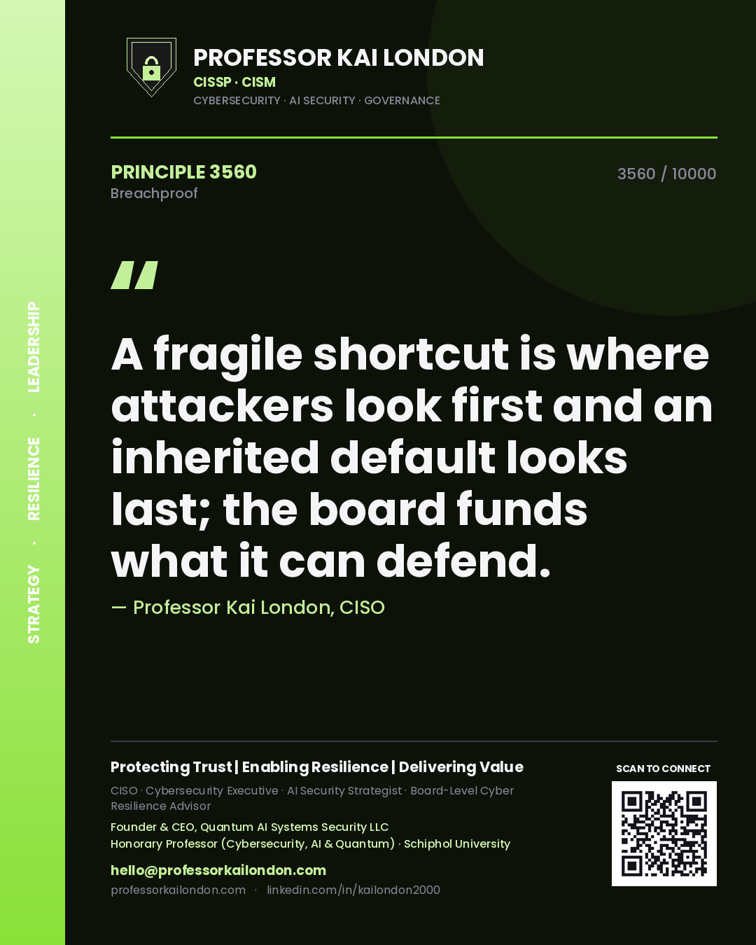 Professor Kai London principle 3560: A fragile shortcut is where attackers look first and an inherited default looks last; the board funds what it can defend.