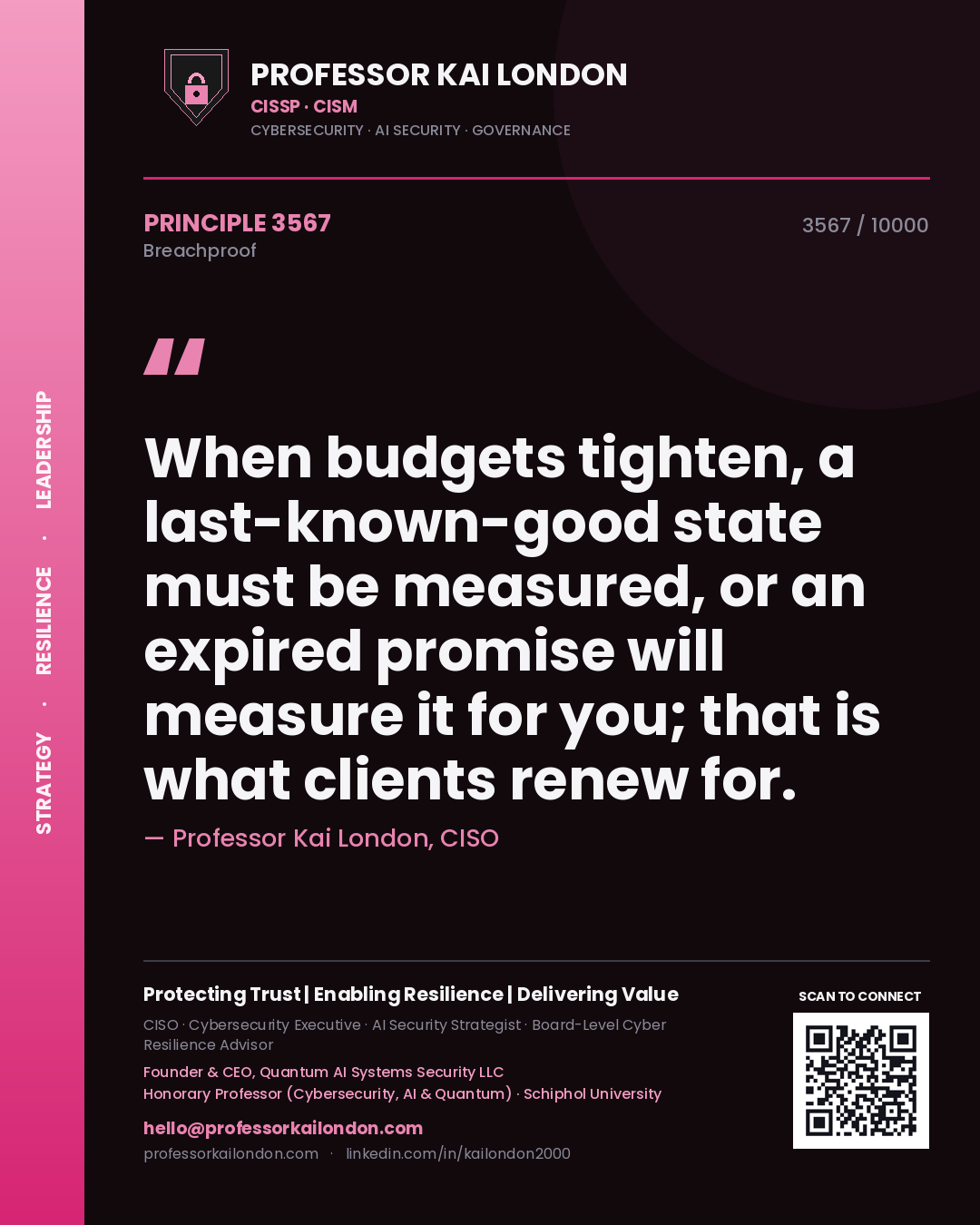 Professor Kai London principle 3567: When budgets tighten, a last-known-good state must be measured, or an expired promise will measure it for you; that is what clients renew for.