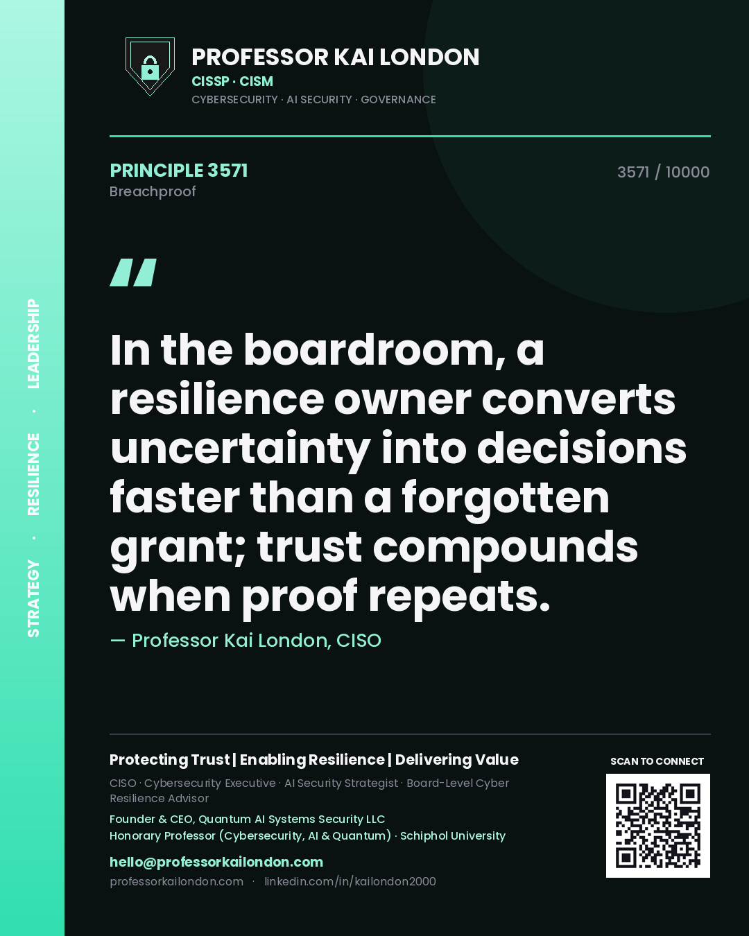 Professor Kai London principle 3571: In the boardroom, a resilience owner converts uncertainty into decisions faster than a forgotten grant; trust compounds when proof repeats.