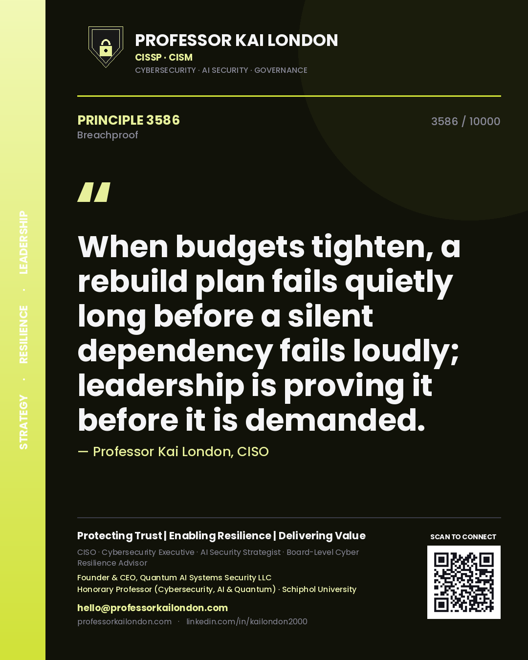 Professor Kai London principle 3586: When budgets tighten, a rebuild plan fails quietly long before a silent dependency fails loudly; leadership is proving it before it is demanded.