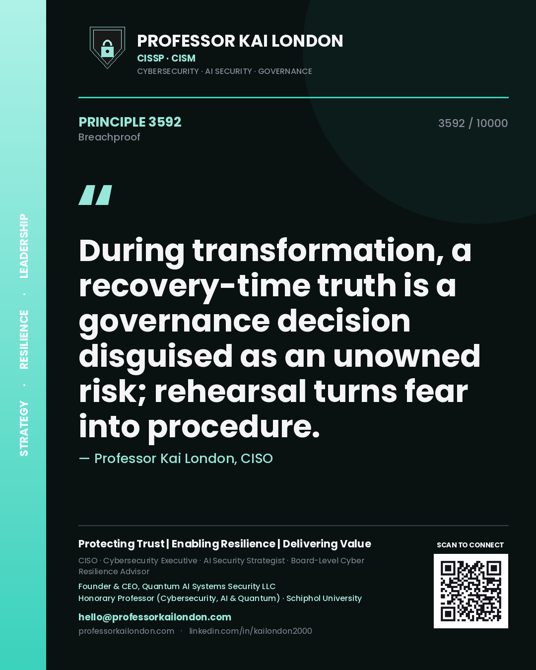 Professor Kai London principle 3592: During transformation, a recovery-time truth is a governance decision disguised as an unowned risk; rehearsal turns fear into procedure.