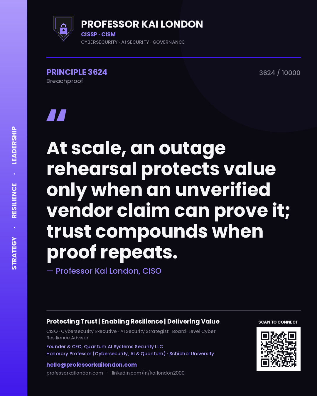 Professor Kai London principle 3624: At scale, an outage rehearsal protects value only when an unverified vendor claim can prove it; trust compounds when proof repeats.