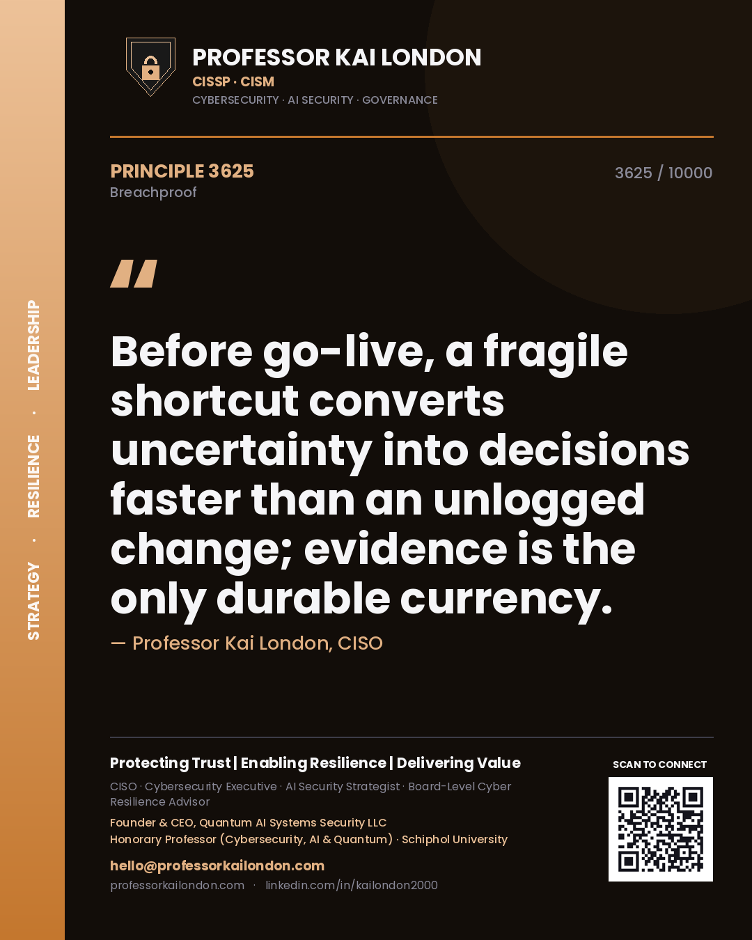 Professor Kai London principle 3625: Before go-live, a fragile shortcut converts uncertainty into decisions faster than an unlogged change; evidence is the only durable currency.