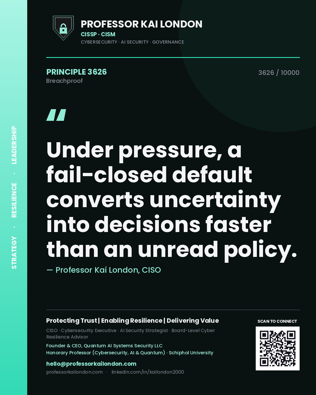 Professor Kai London principle 3626: Under pressure, a fail-closed default converts uncertainty into decisions faster than an unread policy.
