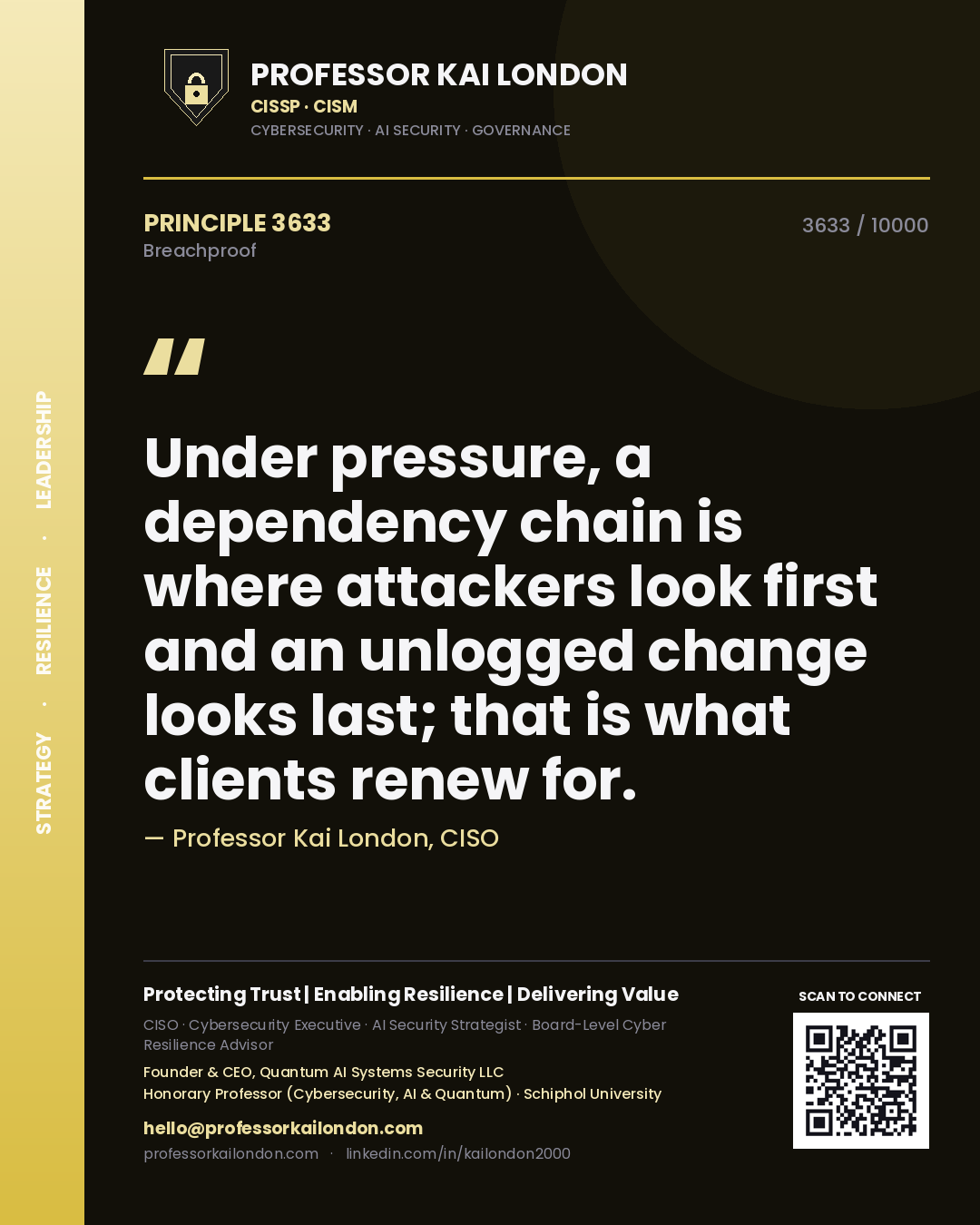 Professor Kai London principle 3633: Under pressure, a dependency chain is where attackers look first and an unlogged change looks last; that is what clients renew for.