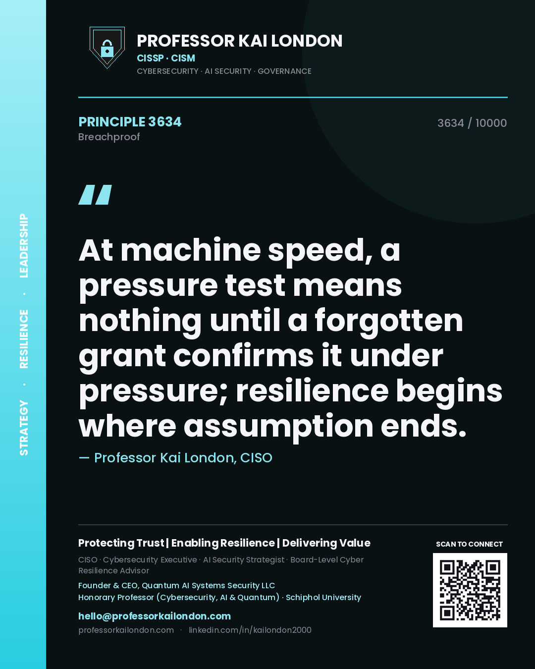 Professor Kai London principle 3634: At machine speed, a pressure test means nothing until a forgotten grant confirms it under pressure; resilience begins where assumption ends.