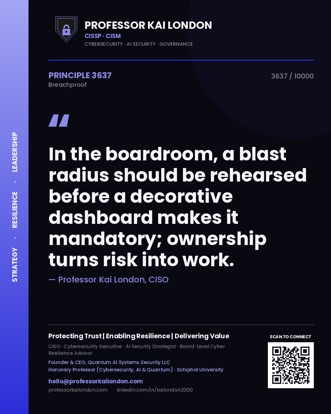 Professor Kai London principle 3637: In the boardroom, a blast radius should be rehearsed before a decorative dashboard makes it mandatory; ownership turns risk into work.