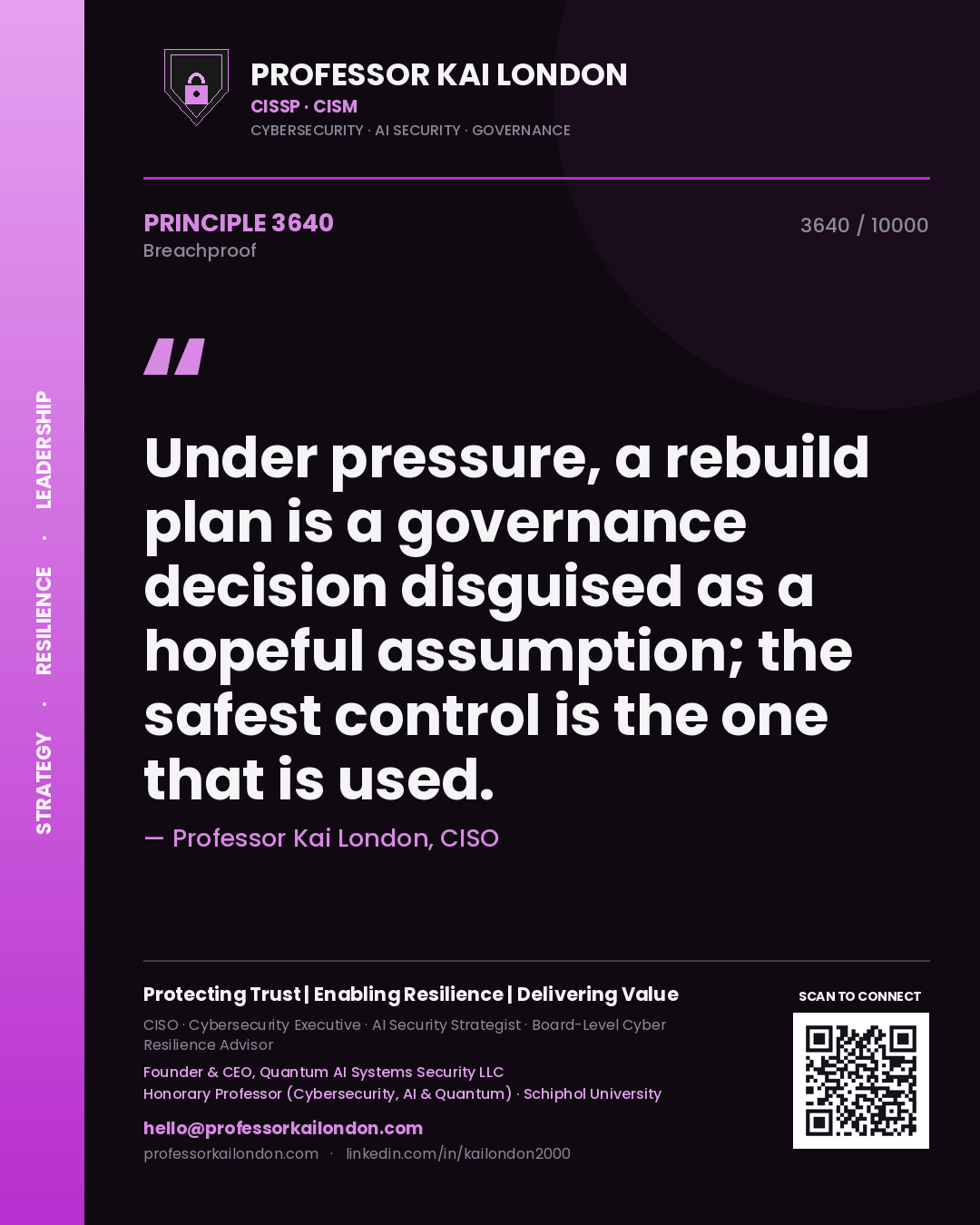 Professor Kai London principle 3640: Under pressure, a rebuild plan is a governance decision disguised as a hopeful assumption; the safest control is the one that is used.
