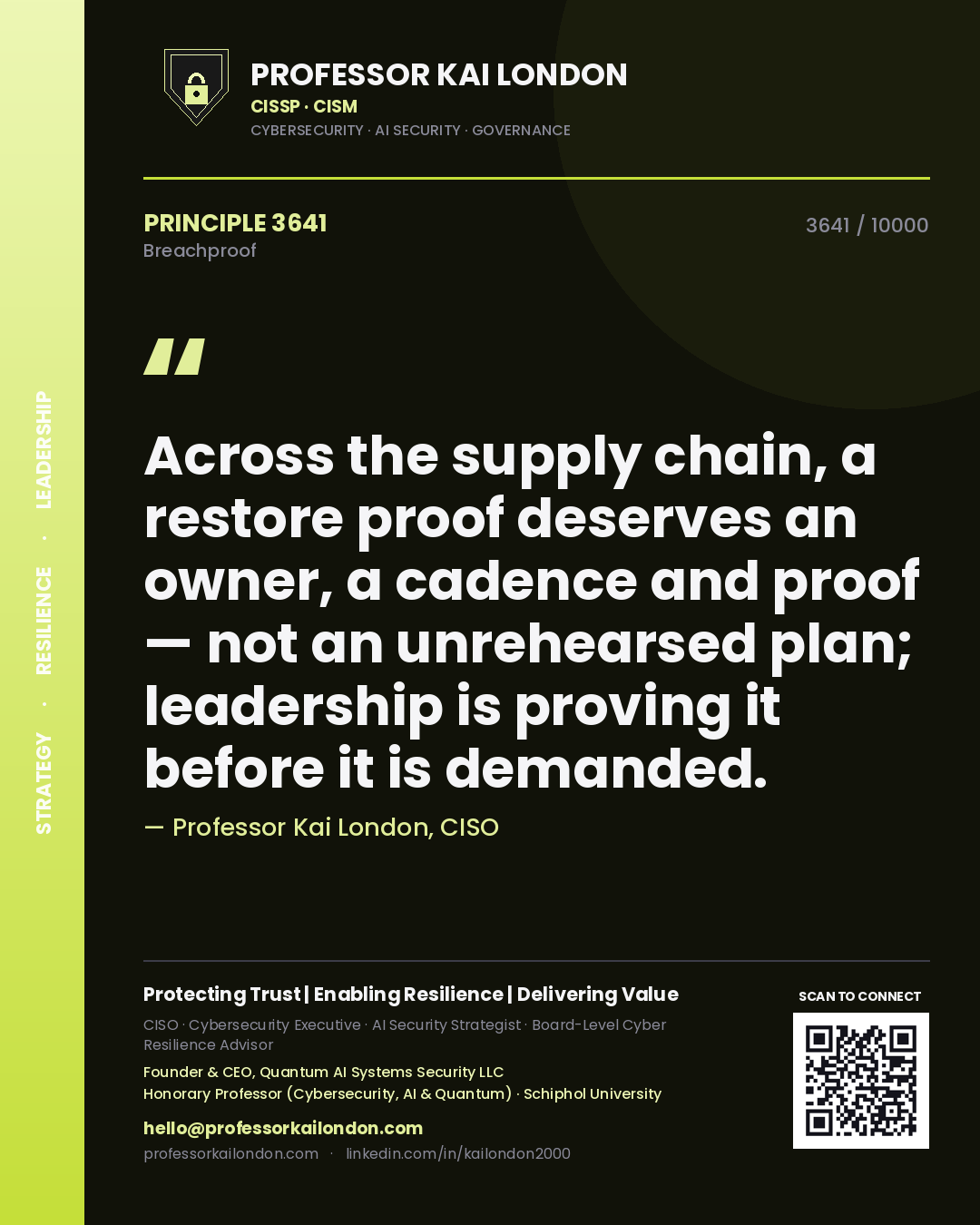 Professor Kai London principle 3641: Across the supply chain, a restore proof deserves an owner, a cadence and proof — not an unrehearsed plan; leadership is proving it before it is demanded.