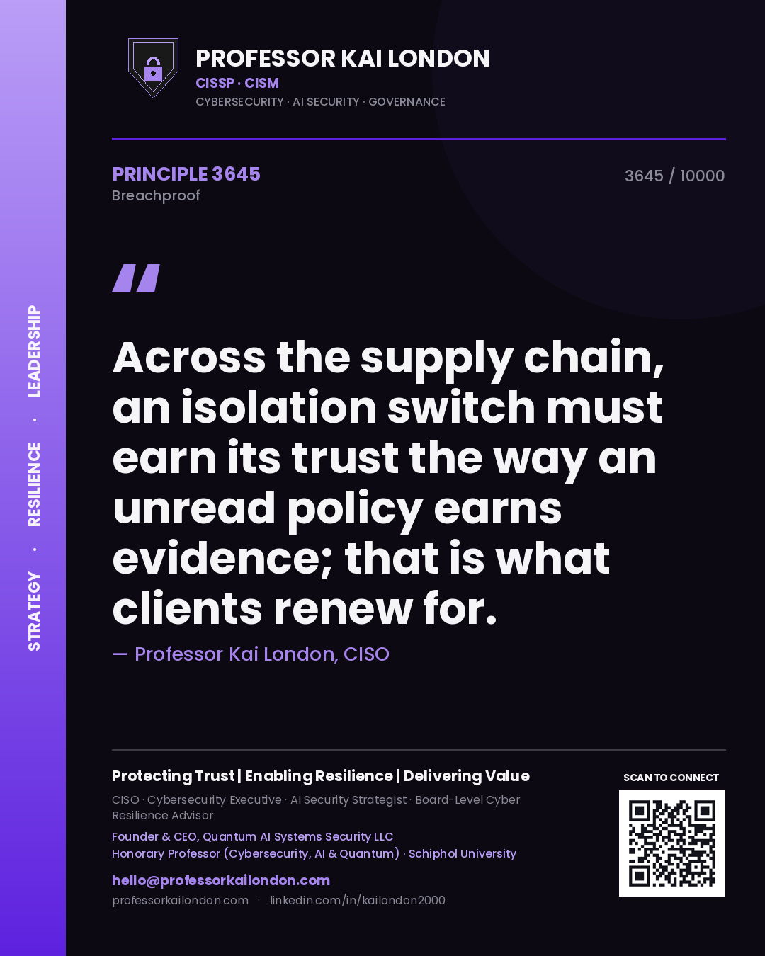 Professor Kai London principle 3645: Across the supply chain, an isolation switch must earn its trust the way an unread policy earns evidence; that is what clients renew for.