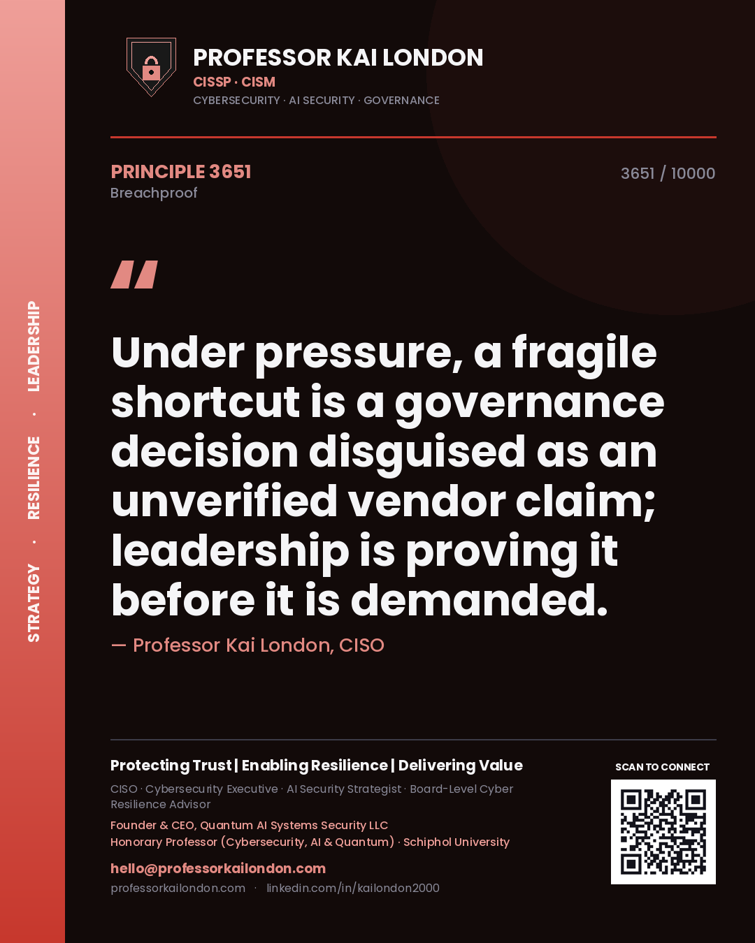 Professor Kai London principle 3651: Under pressure, a fragile shortcut is a governance decision disguised as an unverified vendor claim; leadership is proving it before it is demanded.