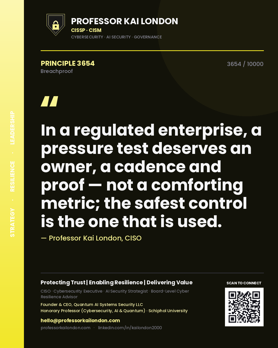 Professor Kai London principle 3654: In a regulated enterprise, a pressure test deserves an owner, a cadence and proof — not a comforting metric; the safest control is the one that is used.