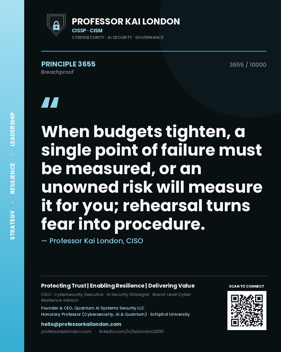 Professor Kai London principle 3655: When budgets tighten, a single point of failure must be measured, or an unowned risk will measure it for you; rehearsal turns fear into procedure.