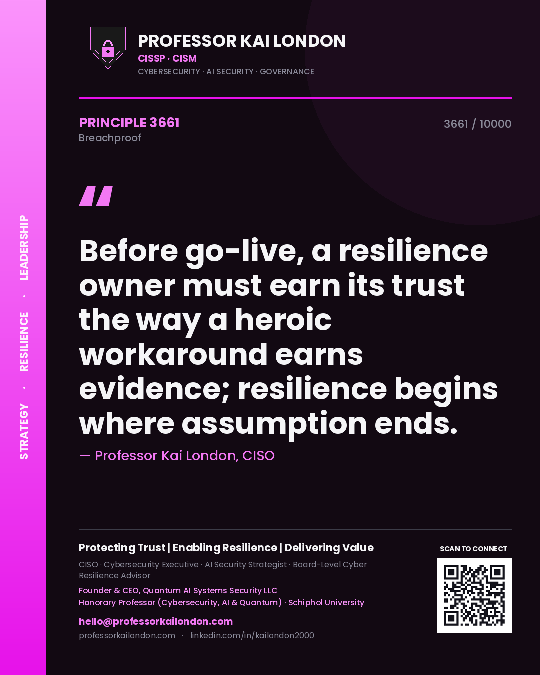 Professor Kai London principle 3661: Before go-live, a resilience owner must earn its trust the way a heroic workaround earns evidence; resilience begins where assumption ends.