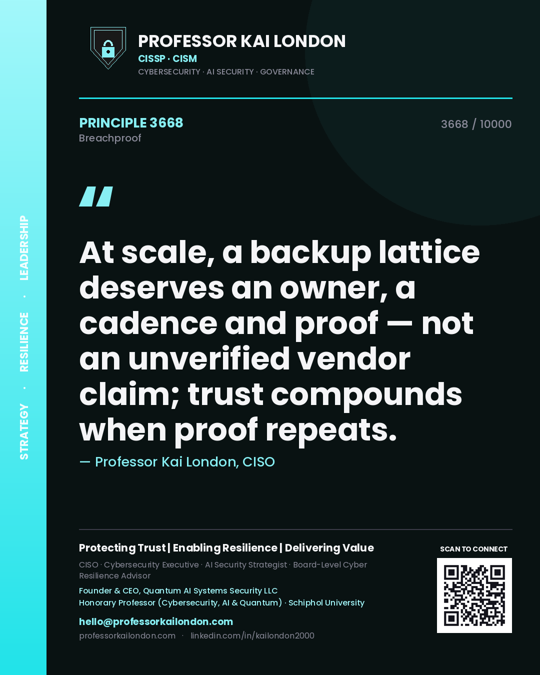 Professor Kai London principle 3668: At scale, a backup lattice deserves an owner, a cadence and proof — not an unverified vendor claim; trust compounds when proof repeats.