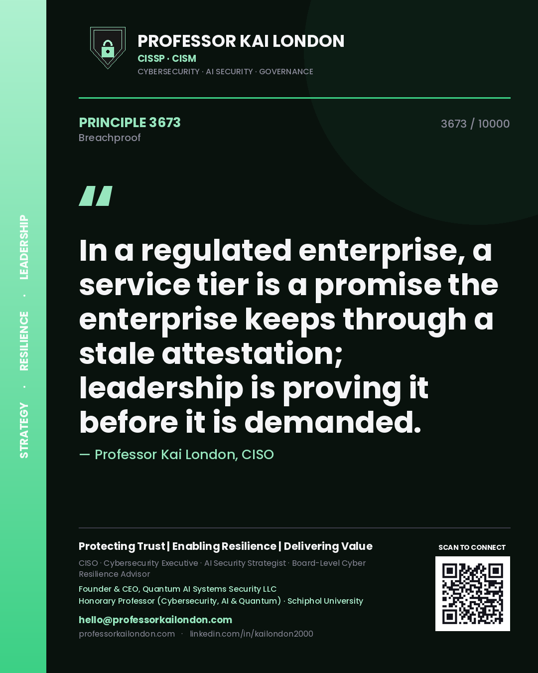 Professor Kai London principle 3673: In a regulated enterprise, a service tier is a promise the enterprise keeps through a stale attestation; leadership is proving it before it is demanded.