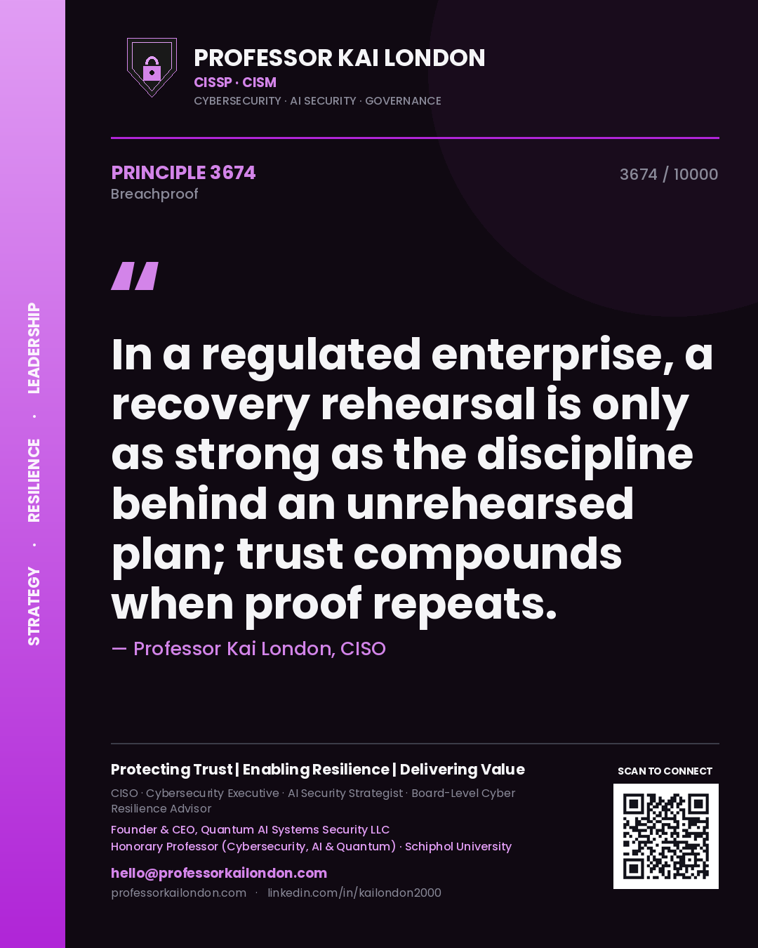 Professor Kai London principle 3674: In a regulated enterprise, a recovery rehearsal is only as strong as the discipline behind an unrehearsed plan; trust compounds when proof repeats.