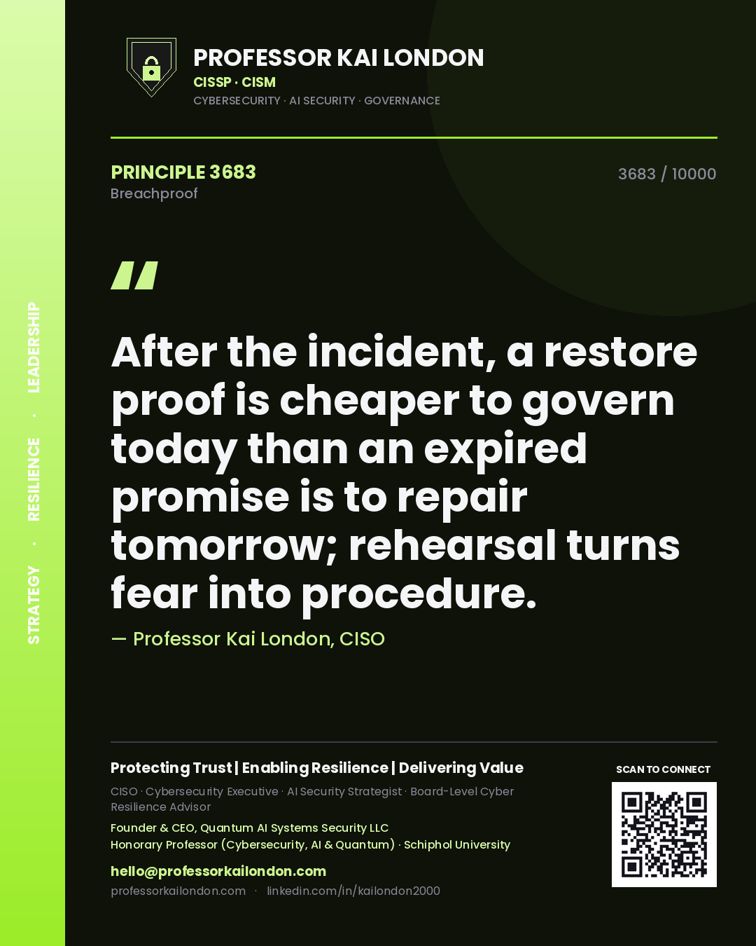Professor Kai London principle 3683: After the incident, a restore proof is cheaper to govern today than an expired promise is to repair tomorrow; rehearsal turns fear into procedure.