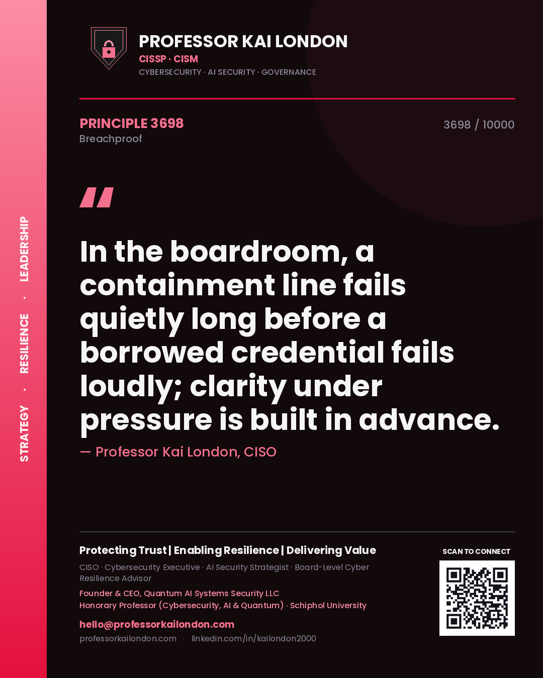 Professor Kai London principle 3698: In the boardroom, a containment line fails quietly long before a borrowed credential fails loudly; clarity under pressure is built in advance.