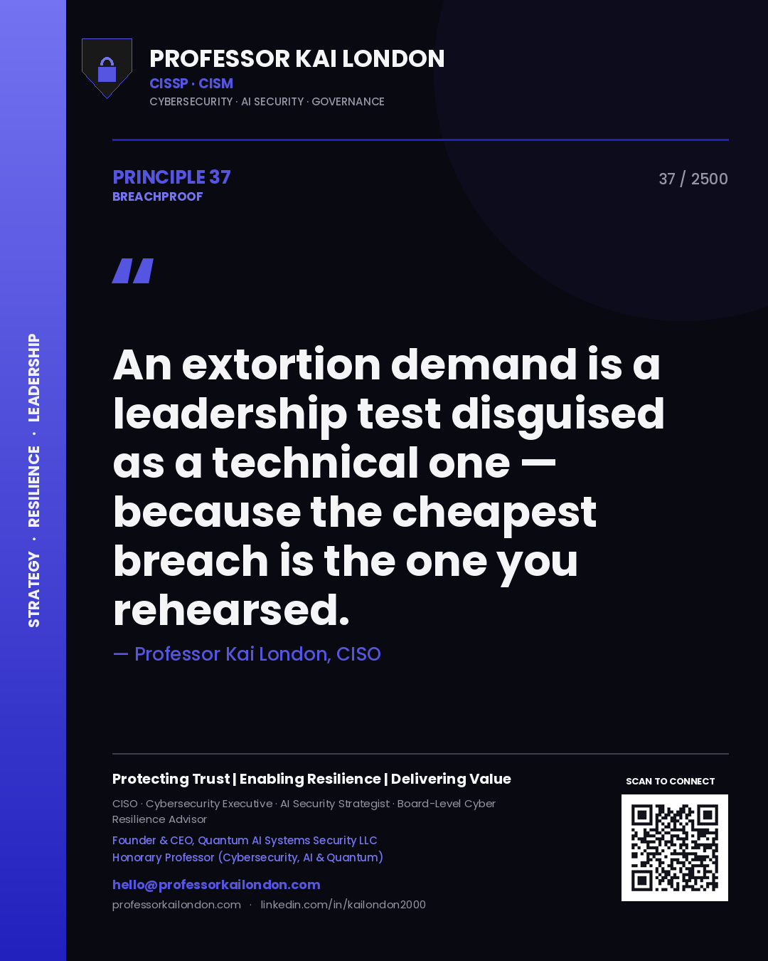 Professor Kai London principle 37: An extortion demand is a leadership test disguised as a technical one — because the cheapest breach is the one you rehearsed.