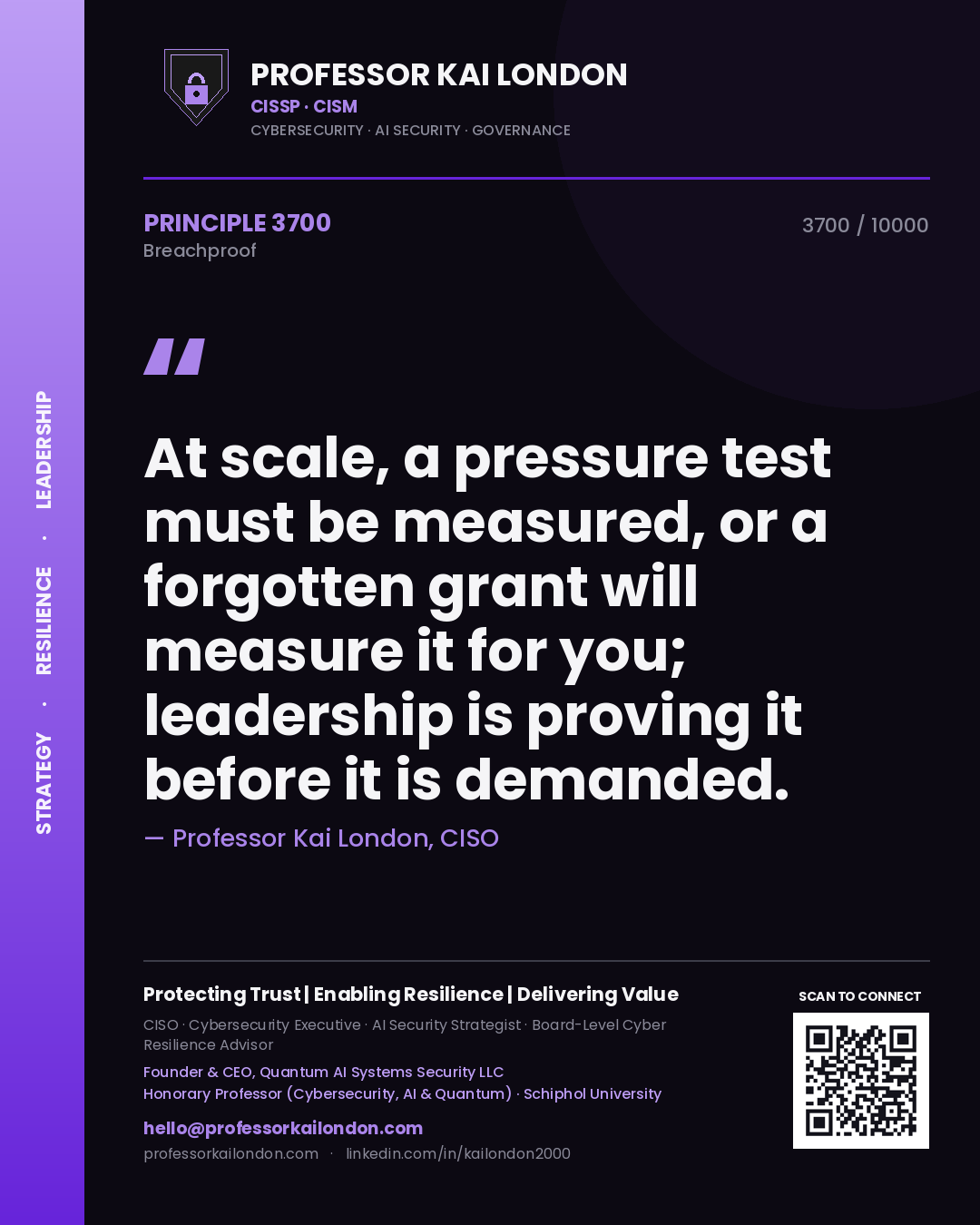 Professor Kai London principle 3700: At scale, a pressure test must be measured, or a forgotten grant will measure it for you; leadership is proving it before it is demanded.