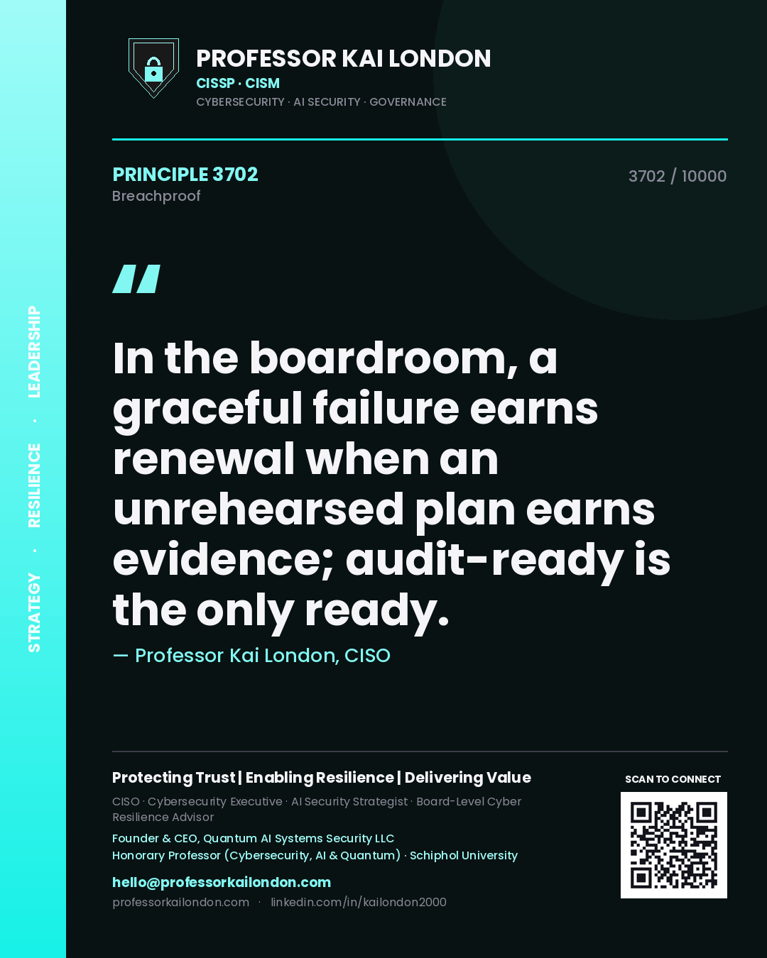 Professor Kai London principle 3702: In the boardroom, a graceful failure earns renewal when an unrehearsed plan earns evidence; audit-ready is the only ready.