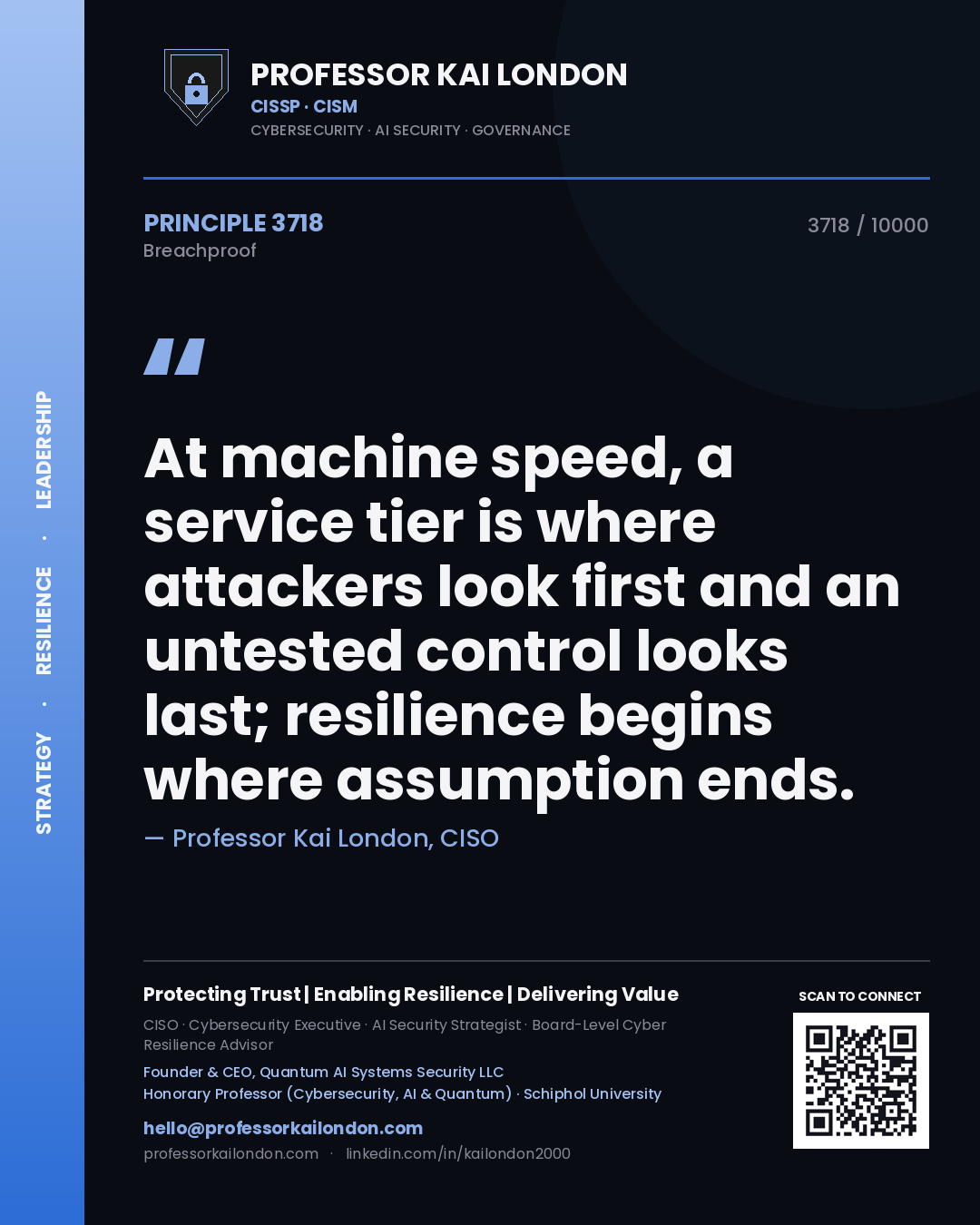 Professor Kai London principle 3718: At machine speed, a service tier is where attackers look first and an untested control looks last; resilience begins where assumption ends.
