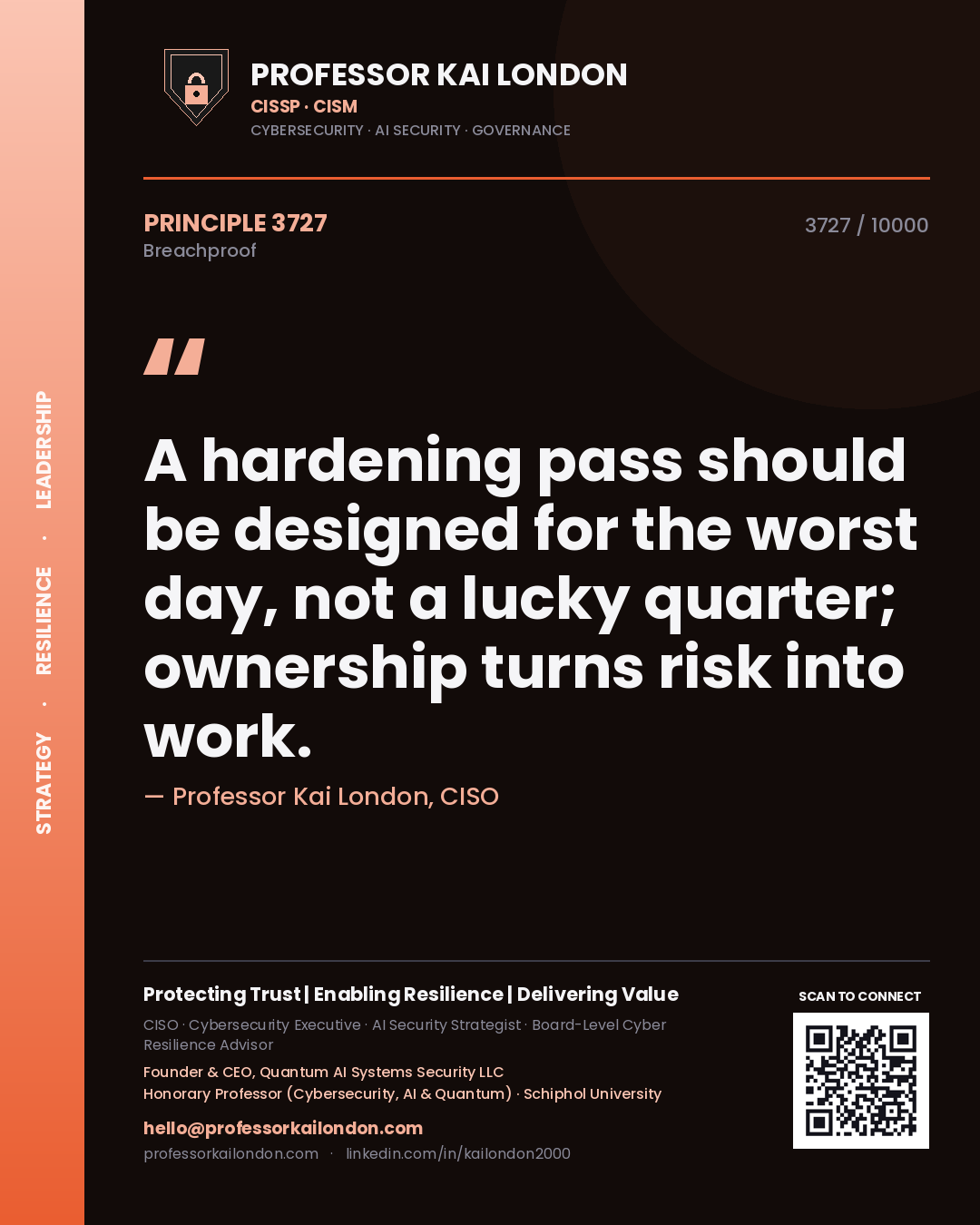 Professor Kai London principle 3727: A hardening pass should be designed for the worst day, not a lucky quarter; ownership turns risk into work.