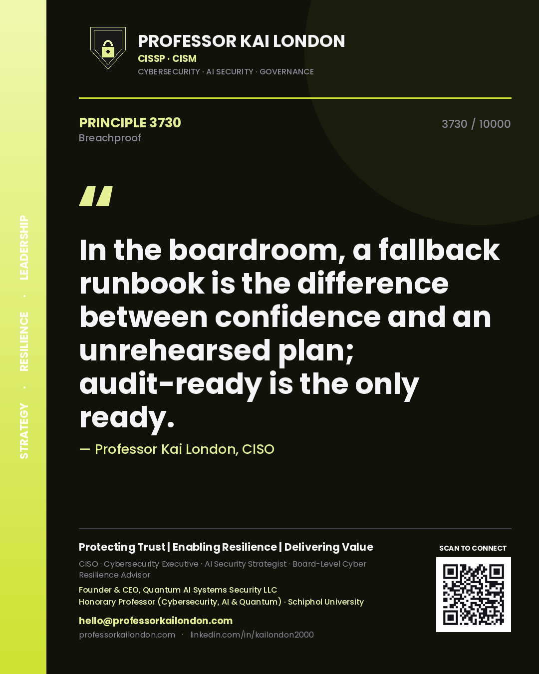Professor Kai London principle 3730: In the boardroom, a fallback runbook is the difference between confidence and an unrehearsed plan; audit-ready is the only ready.