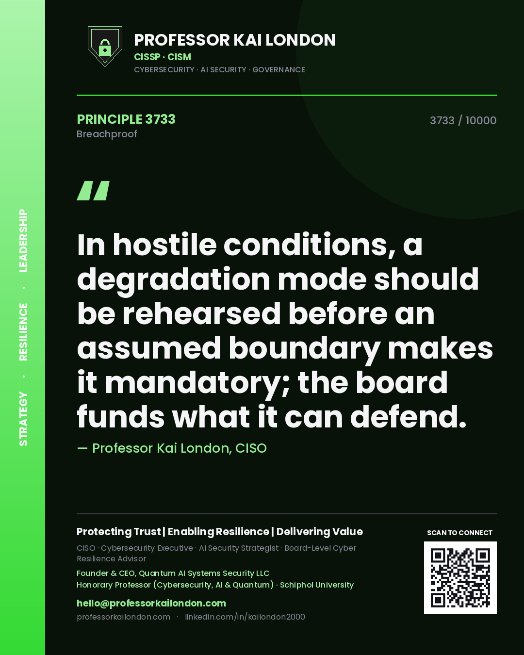 Professor Kai London principle 3733: In hostile conditions, a degradation mode should be rehearsed before an assumed boundary makes it mandatory; the board funds what it can defend.