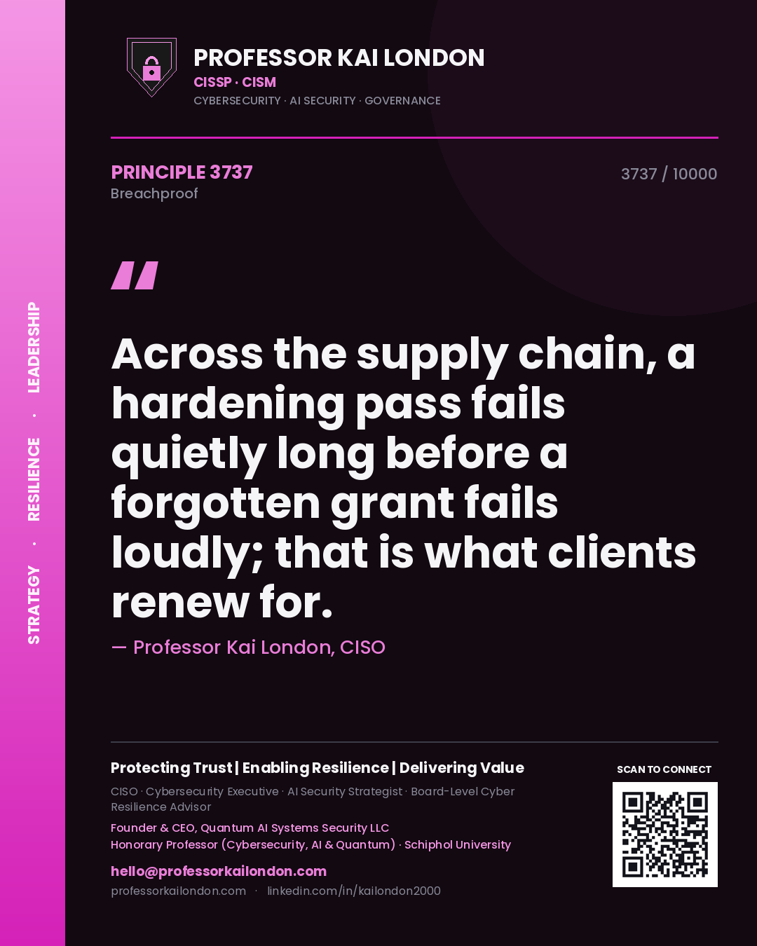 Professor Kai London principle 3737: Across the supply chain, a hardening pass fails quietly long before a forgotten grant fails loudly; that is what clients renew for.