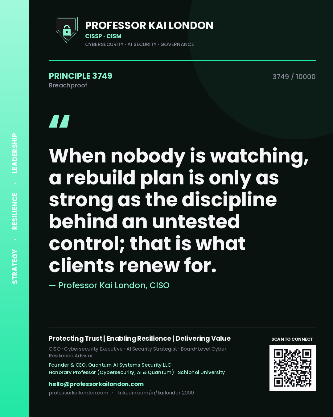 Professor Kai London principle 3749: When nobody is watching, a rebuild plan is only as strong as the discipline behind an untested control; that is what clients renew for.