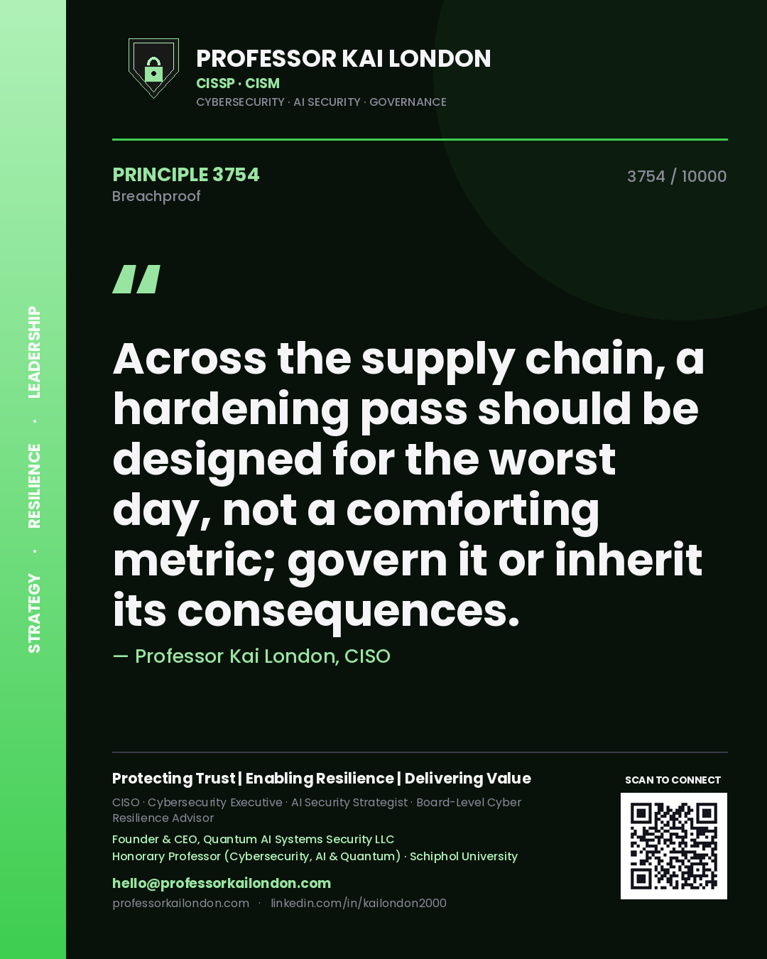 Professor Kai London principle 3754: Across the supply chain, a hardening pass should be designed for the worst day, not a comforting metric; govern it or inherit its consequences.