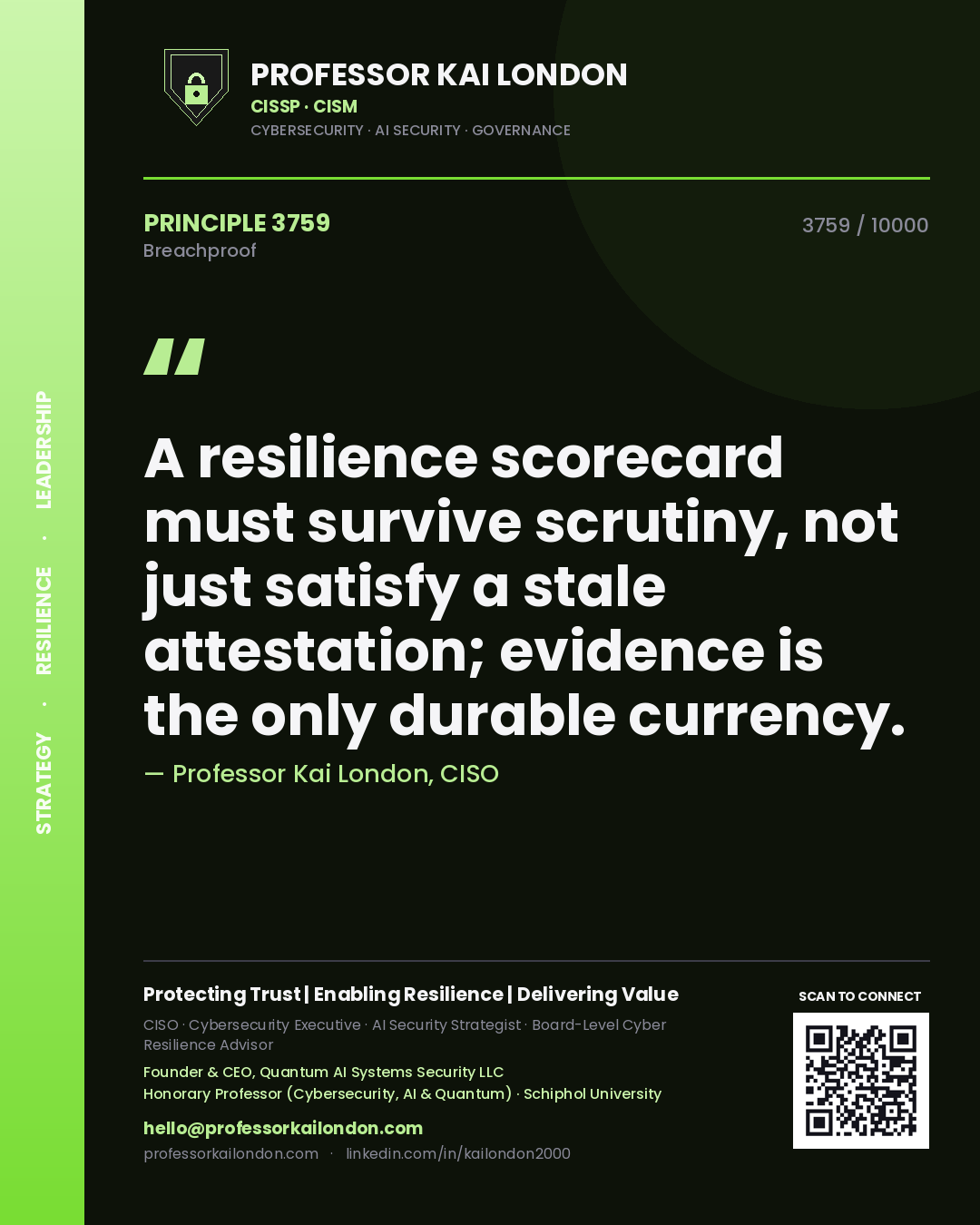 Professor Kai London principle 3759: A resilience scorecard must survive scrutiny, not just satisfy a stale attestation; evidence is the only durable currency.