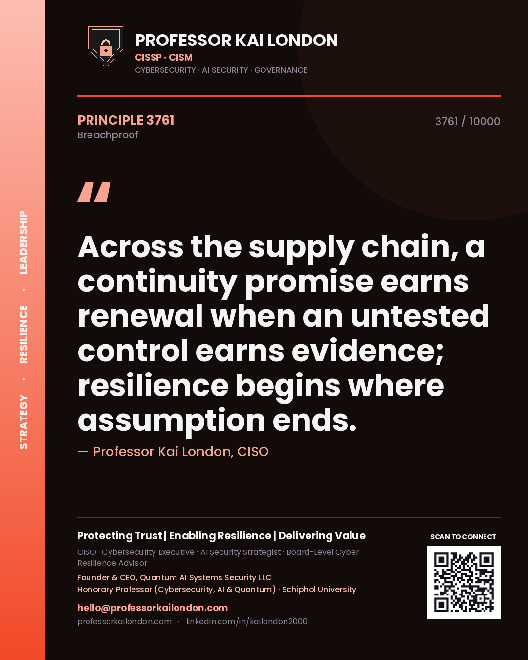 Professor Kai London principle 3761: Across the supply chain, a continuity promise earns renewal when an untested control earns evidence; resilience begins where assumption ends.