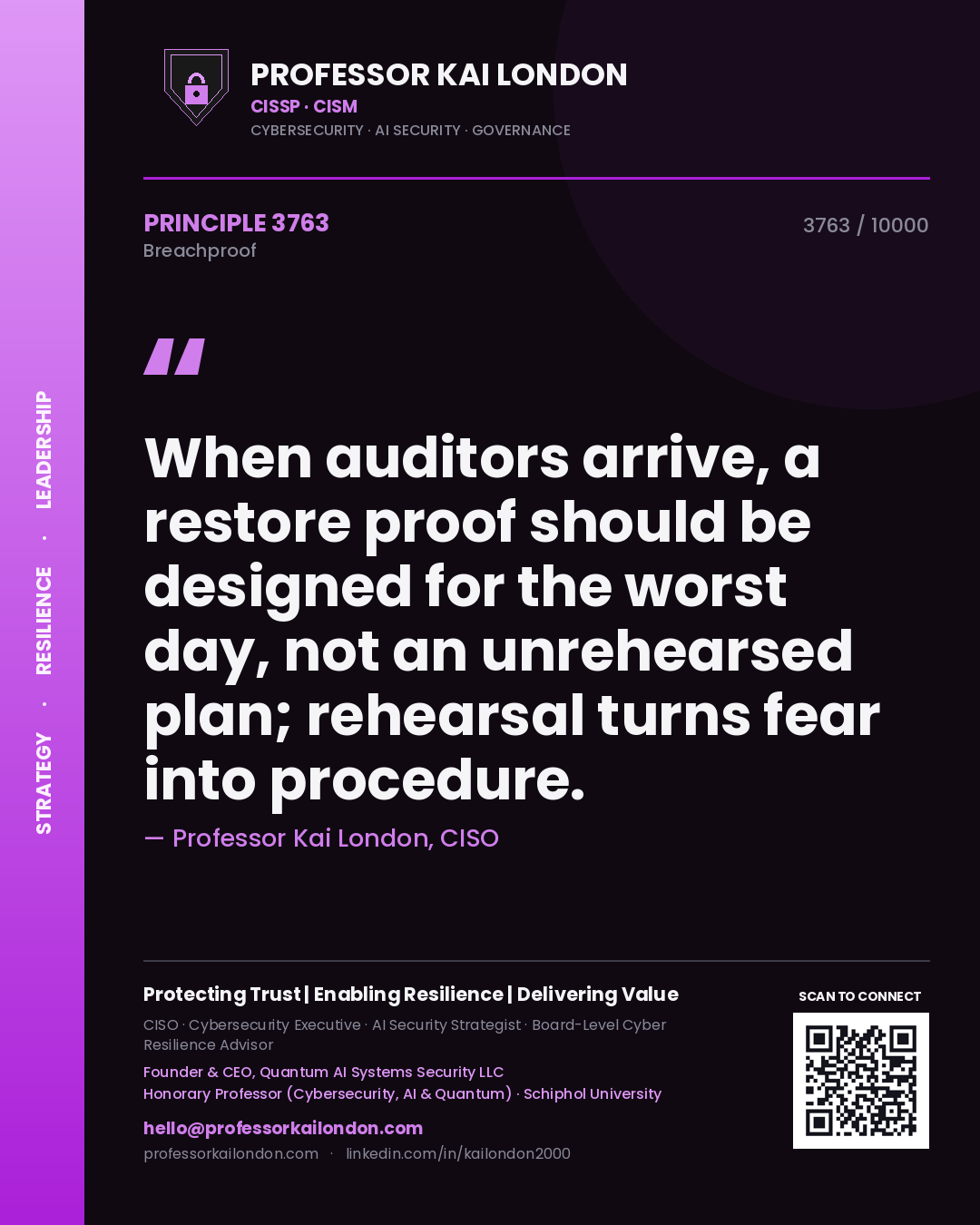 Professor Kai London principle 3763: When auditors arrive, a restore proof should be designed for the worst day, not an unrehearsed plan; rehearsal turns fear into procedure.