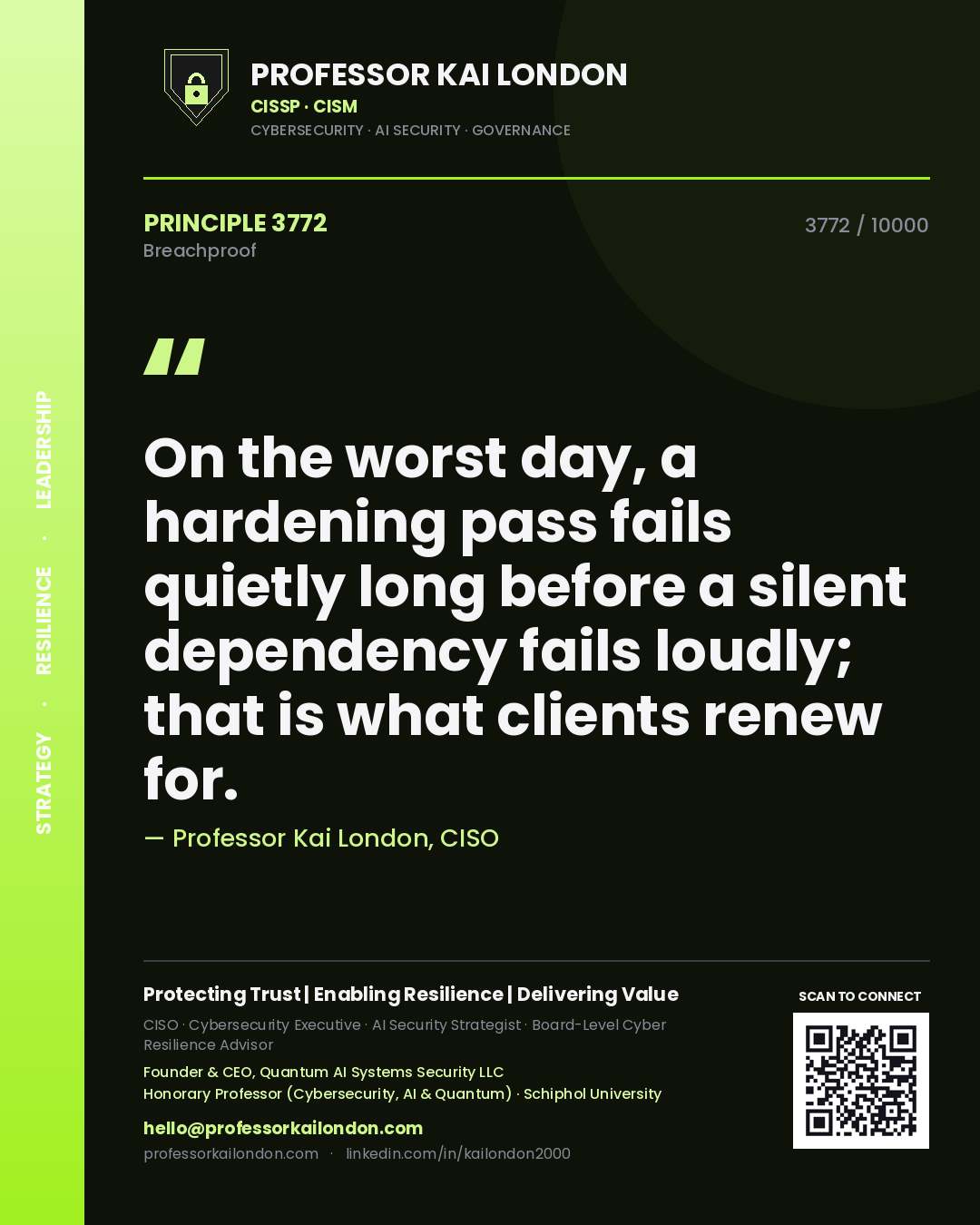 Professor Kai London principle 3772: On the worst day, a hardening pass fails quietly long before a silent dependency fails loudly; that is what clients renew for.