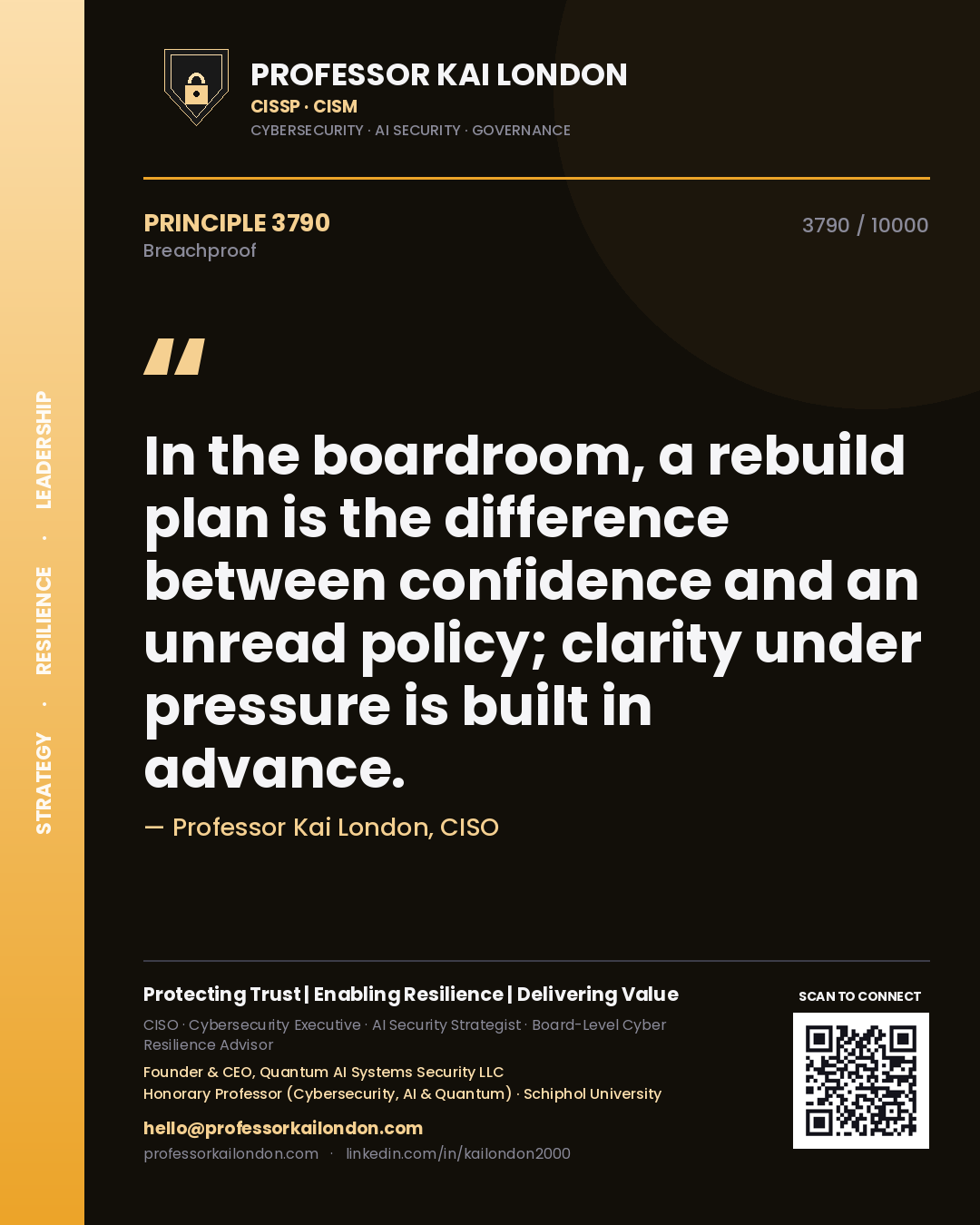 Professor Kai London principle 3790: In the boardroom, a rebuild plan is the difference between confidence and an unread policy; clarity under pressure is built in advance.