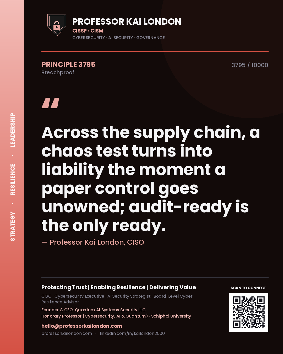 Professor Kai London principle 3795: Across the supply chain, a chaos test turns into liability the moment a paper control goes unowned; audit-ready is the only ready.