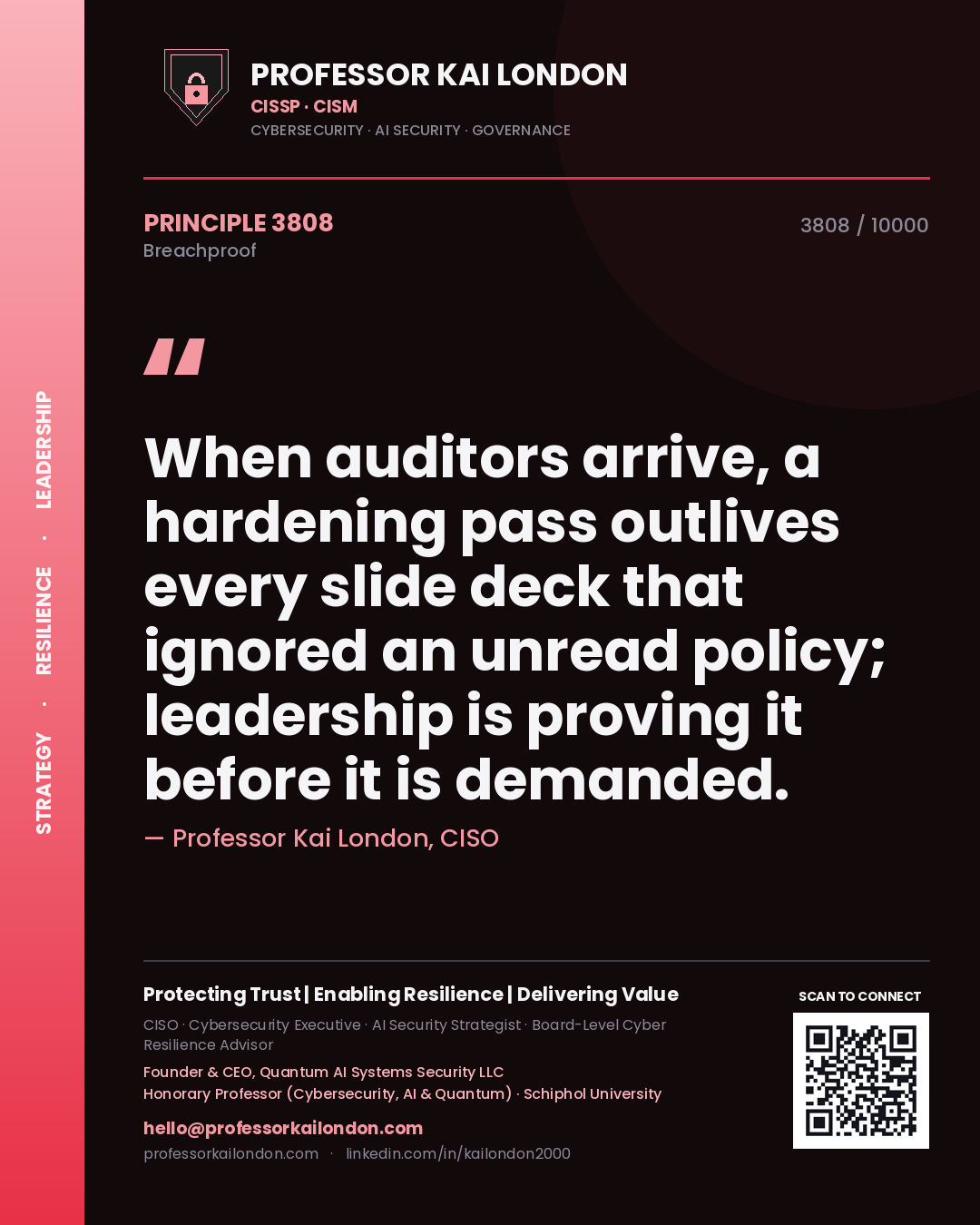 Professor Kai London principle 3808: When auditors arrive, a hardening pass outlives every slide deck that ignored an unread policy; leadership is proving it before it is demanded.