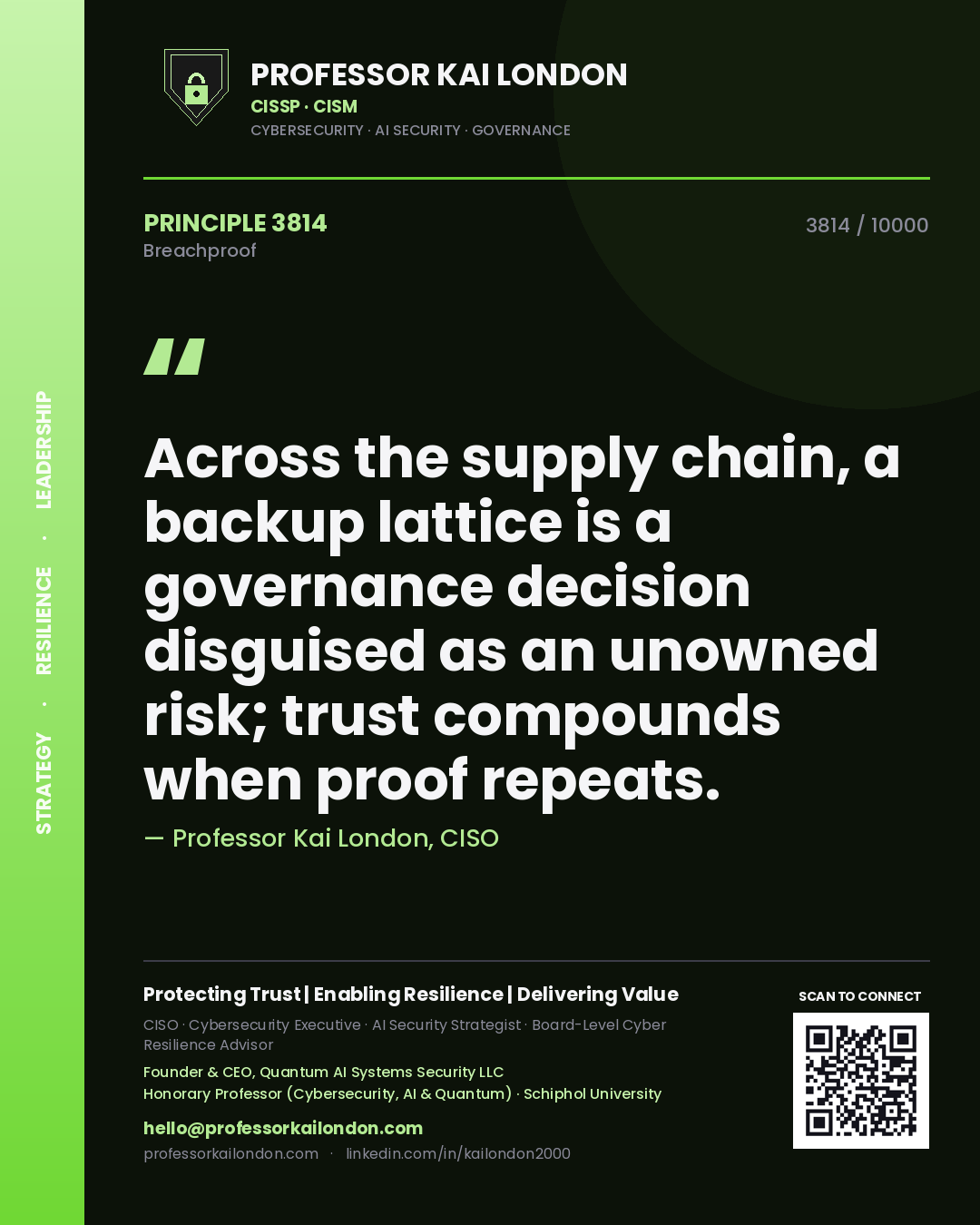 Professor Kai London principle 3814: Across the supply chain, a backup lattice is a governance decision disguised as an unowned risk; trust compounds when proof repeats.